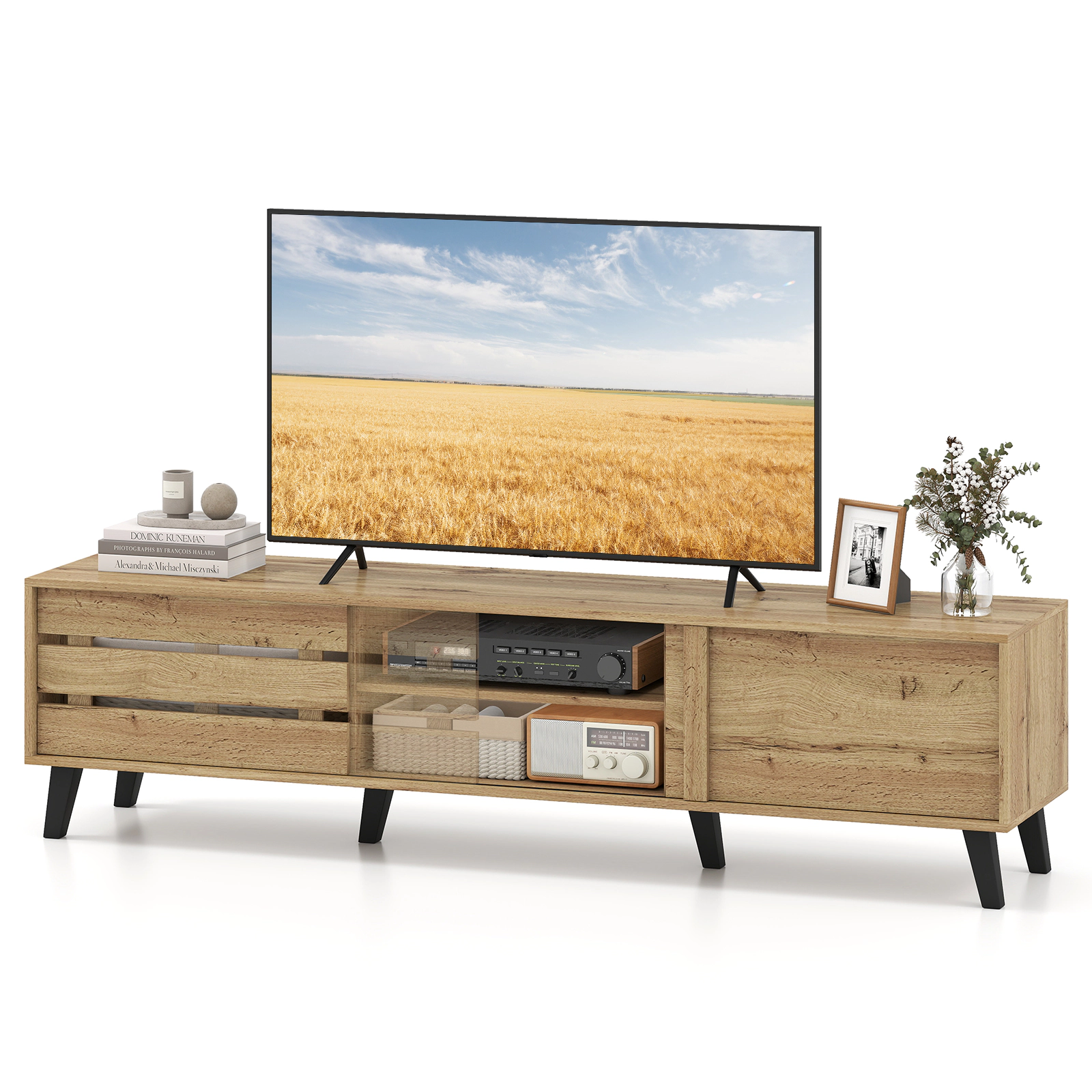 Glintex 71-Inch Mid-Century TV Stand with Sliding Door Cabinets, Oak