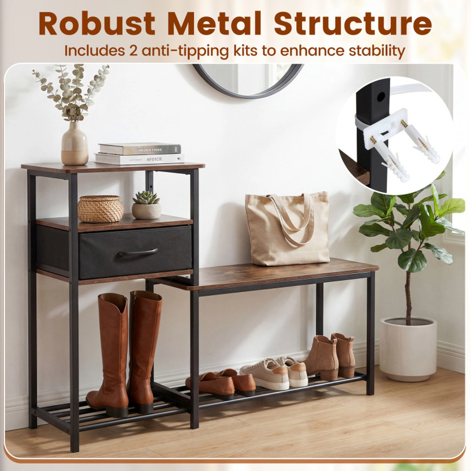 SUGIFT Rustic Brown Fabric Drawer and Industrial Metal Frame 3-Tier 46.5 Inch Shoe Rack Bench