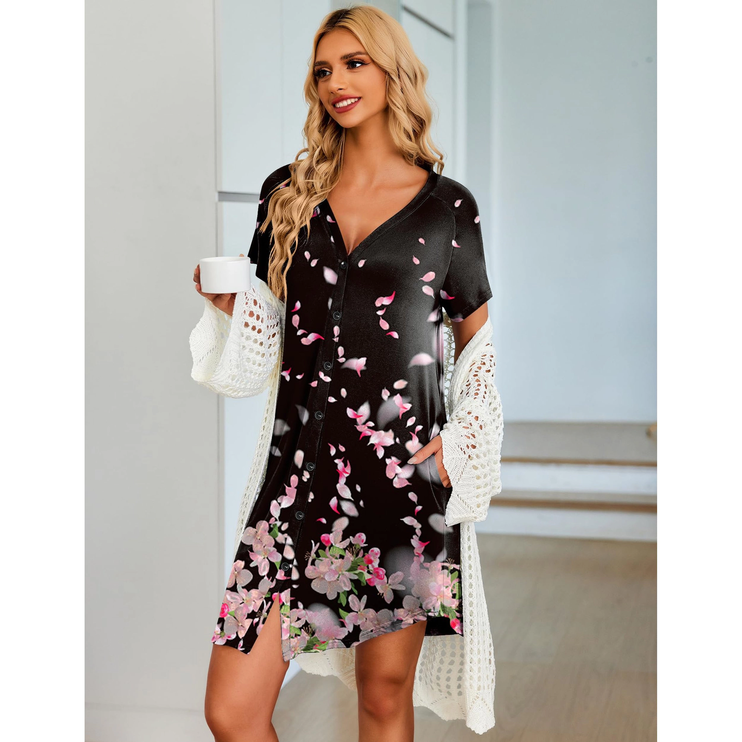Ekouaer Women's Soft Short-Sleeve Button-Front V-Neck Nightgown with Pockets