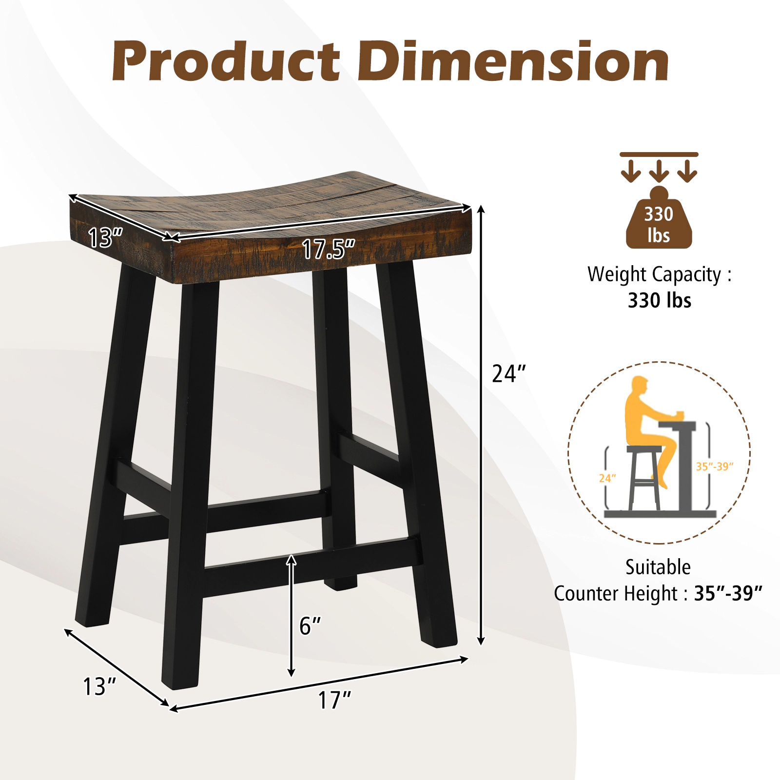 SUGIFT Solid Wood Saddle-Seat Counter Stool Curved Seat Surface 220-lb Capacity 24-in & 29-in Heights with Footrests