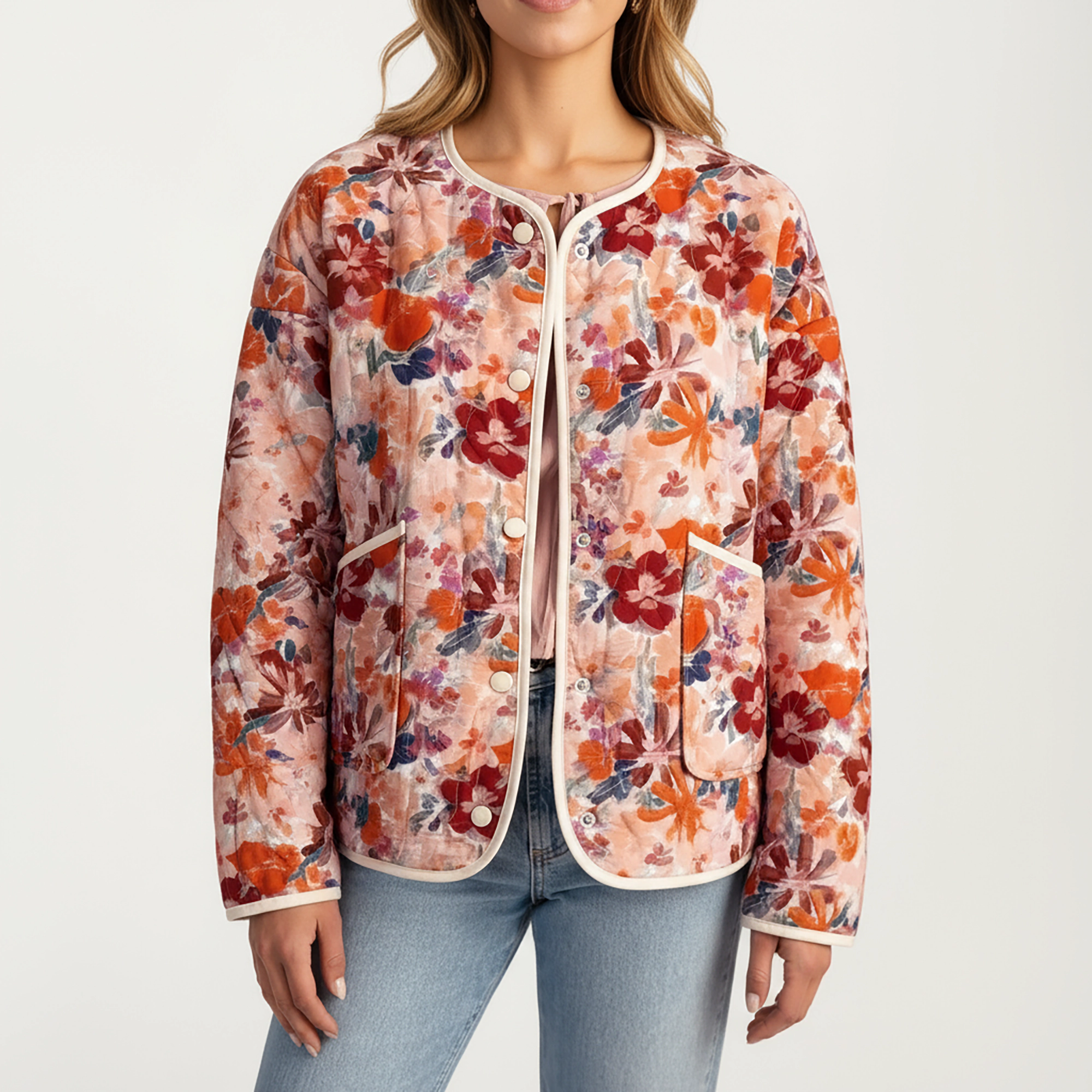 Anna-Kaci Women's Floral Print Button-Up Quilted Jacket with Front Pockets and Contrast Trim