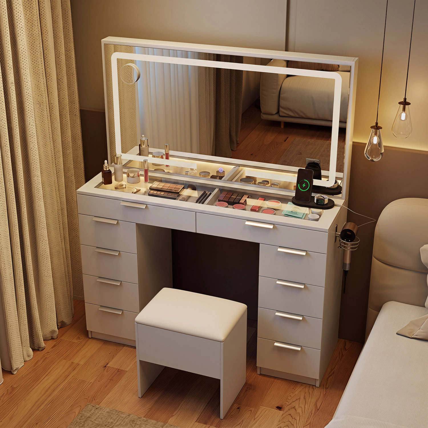 LJG Vanity Desk with Mirror & Lights and Stool with Charging Station for Makeup