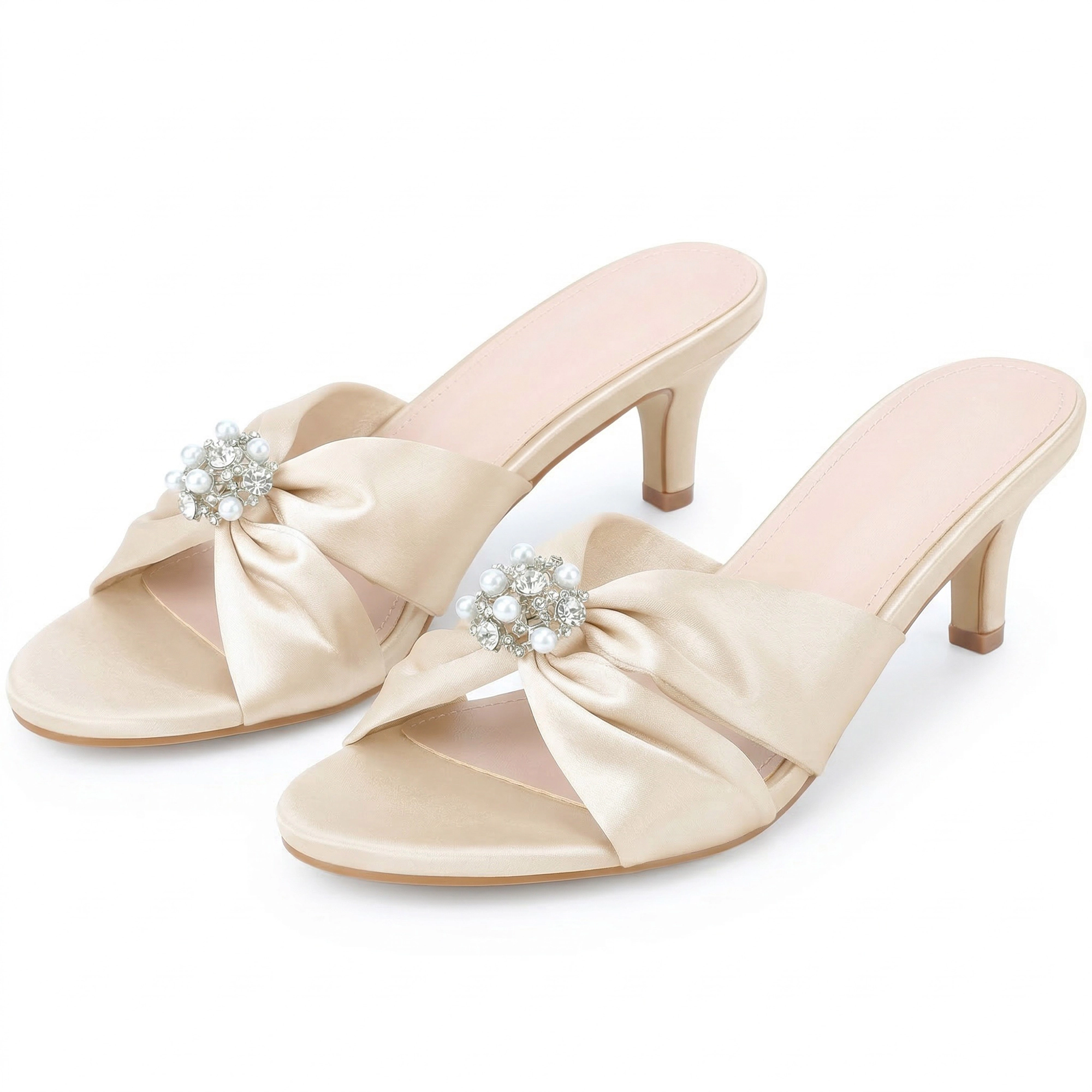 BLISSFUL STEP Women's Satin Rhinestone Pearl Slip on Slide Kitten Heel Sandals