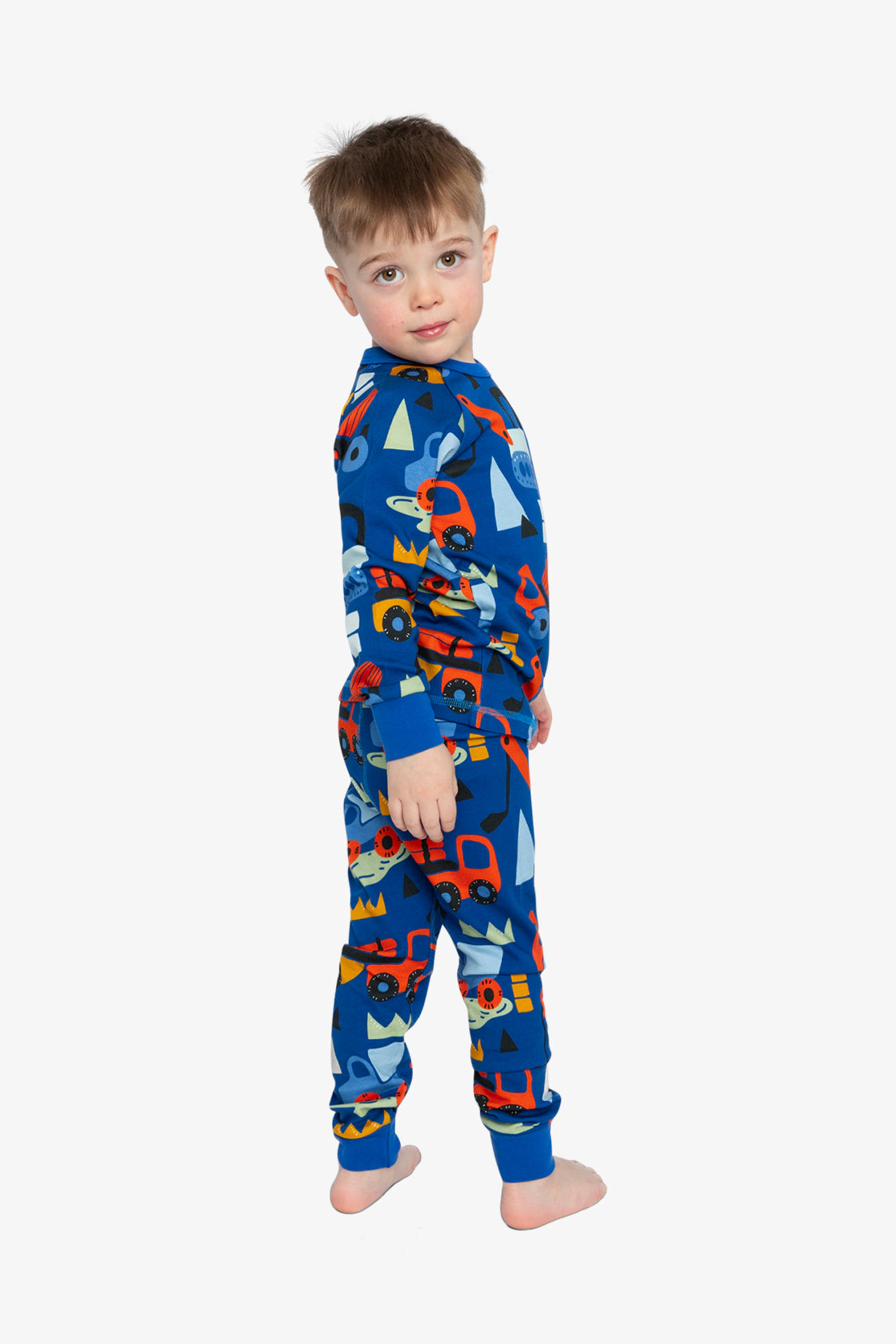 Deux par Boys Organic Cotton Truck Two Piece Pajama Set with Raglan Sleeve Top and Waist Pants