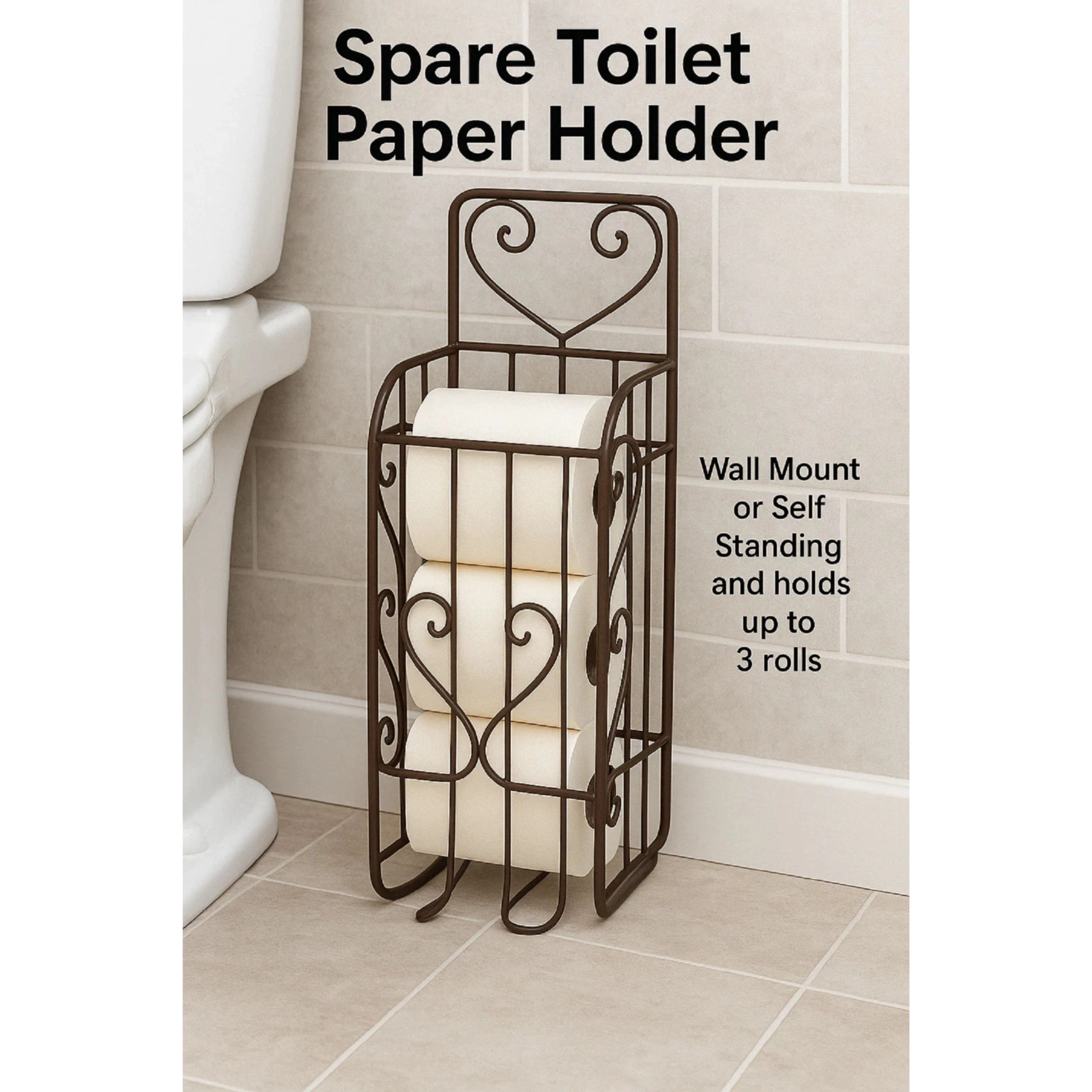 Home Collection Brown Spare Toilet Paper Holder Wall Mount & Freestanding Rack