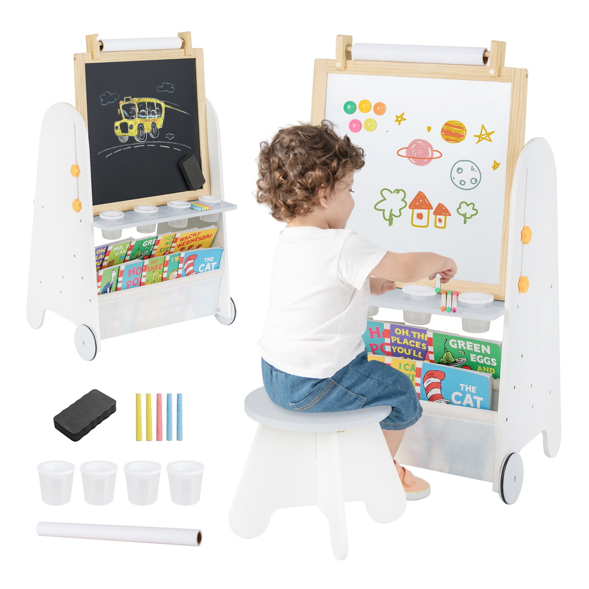 SUGIFT 4-in-1 Toddler Activity Table Easel Set with Magnetic Whiteboard & Chalkboard 165-lb Stool Capacity Ages 3+ Gray