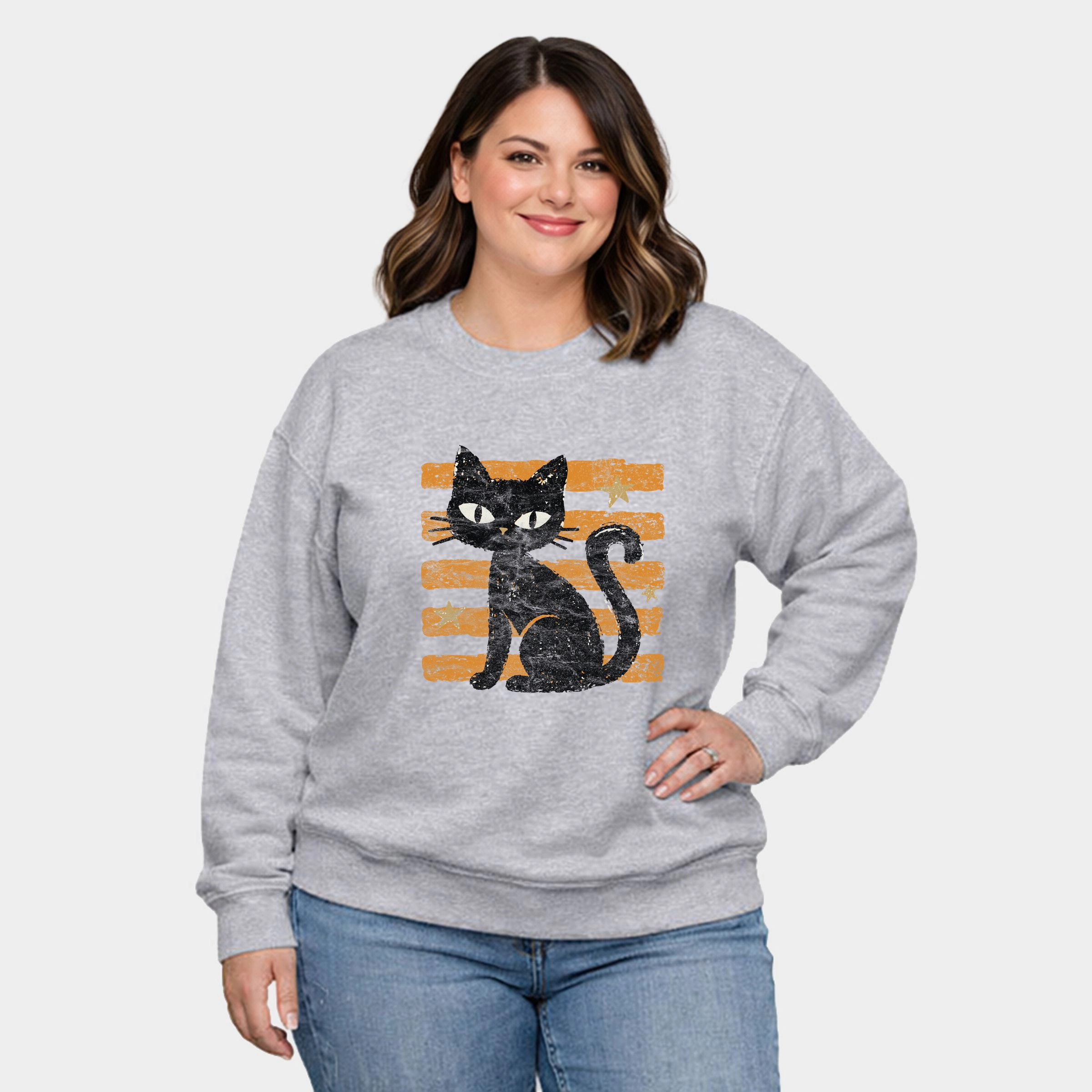 Simply Sage Market - Women's Plus Sized Graphic Sweatshirt Black Cat Orange Stripes