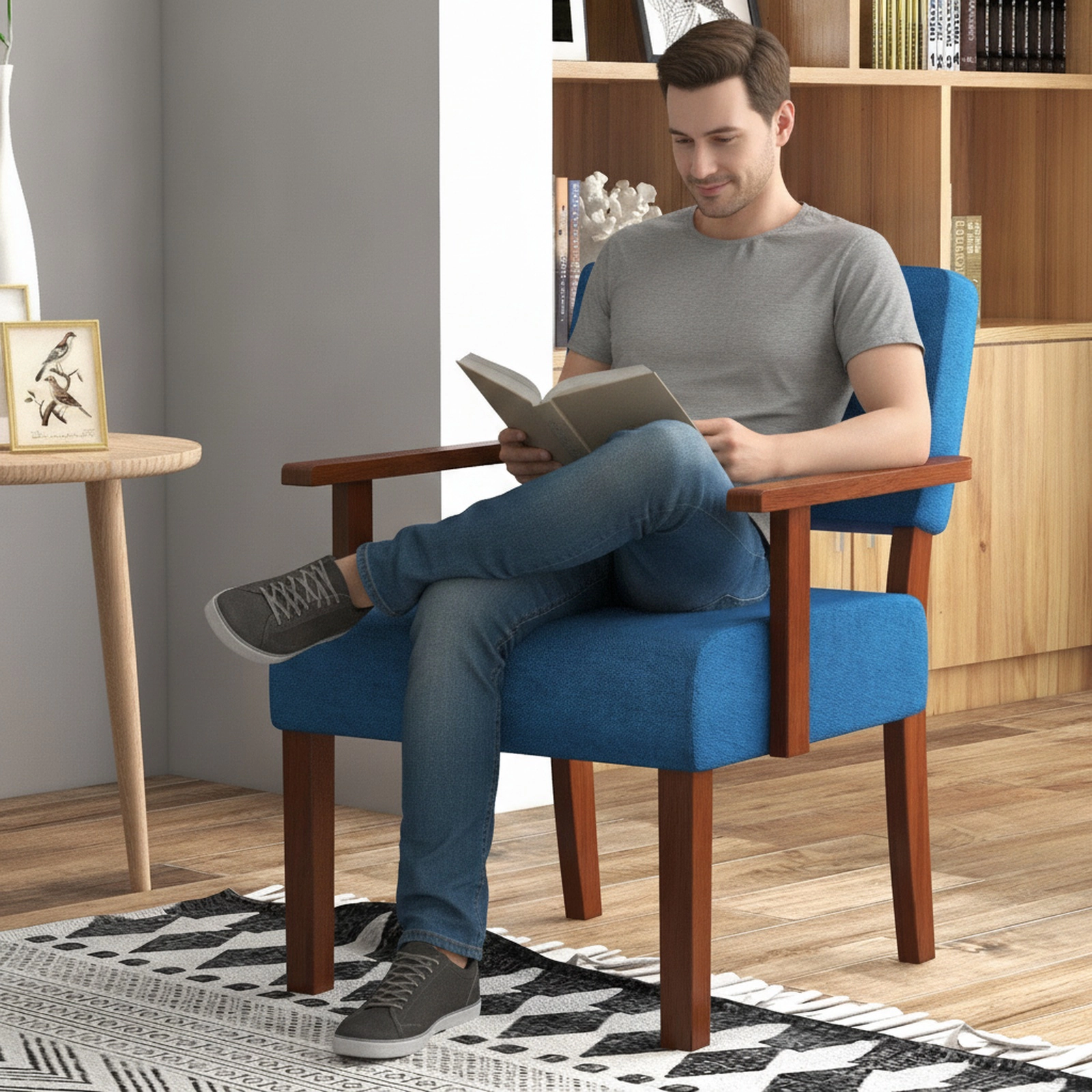 SUGIFT Blue Linen Upholstered Club Armchair with 6-Inch Padded Seat, Rubber Wood Frame