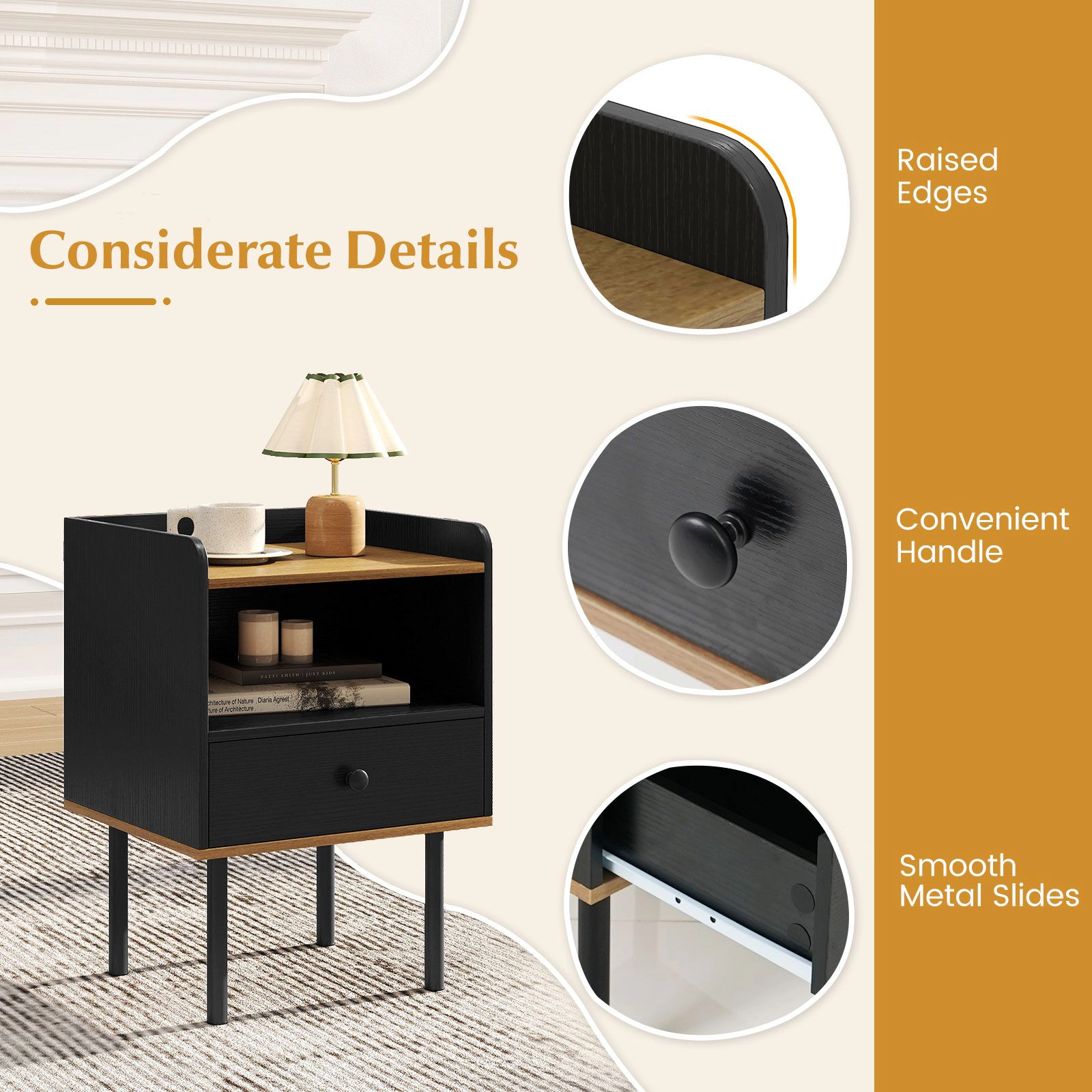 SlickBlue Unisex Modern Nightstand with Drawer and Open Shelf