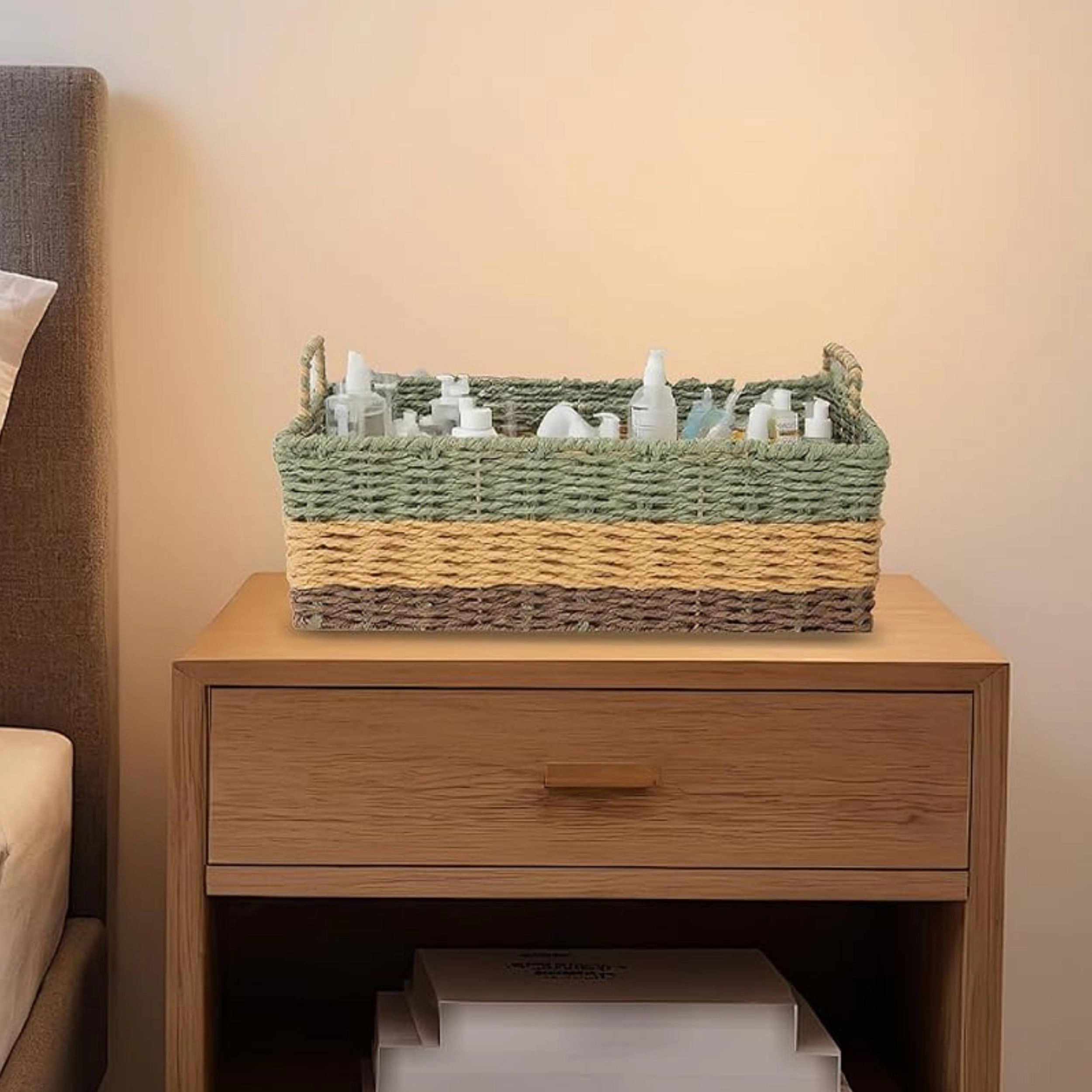 Stock Preferred Woven Paper Rope Rectangle Storage Basket for Shelves Sage Green