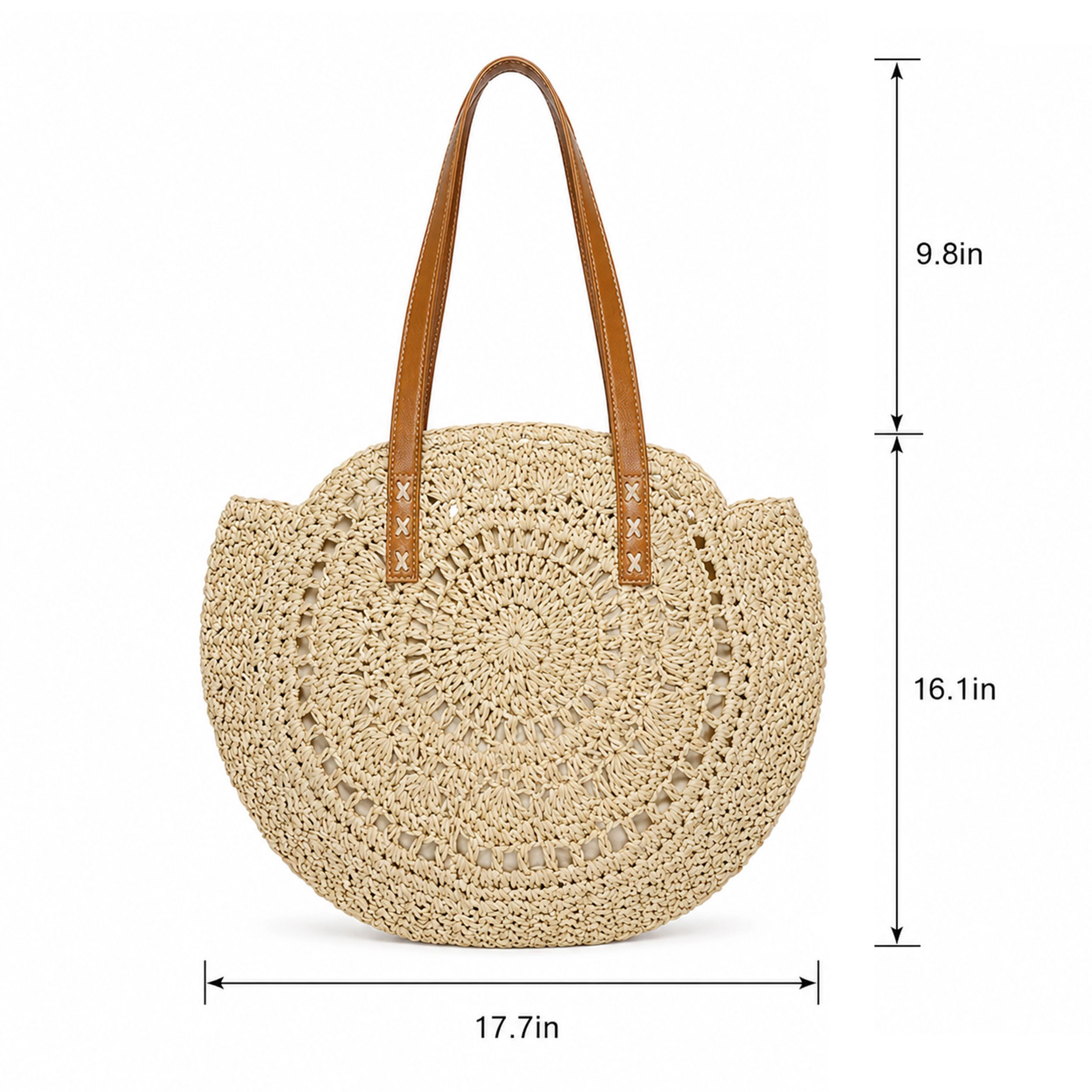 Alilang Women's Round Woven Straw Tote Bag with Zip Closure Shoulder Handles and Slip Pocket, Khaki