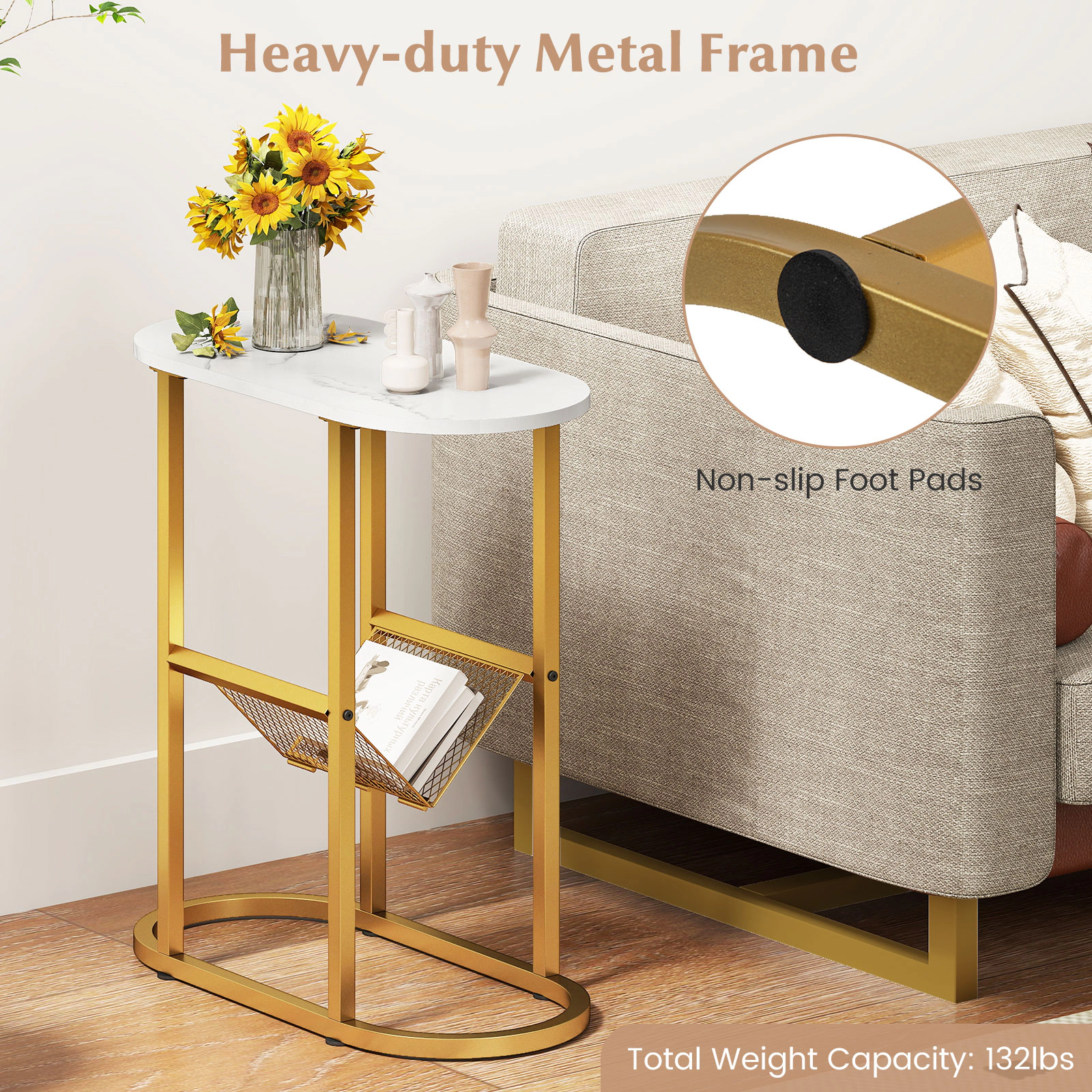 Glintex Industrial Oval 2-Tier Side Table with Mesh Shelf and Adjustable Pads, White