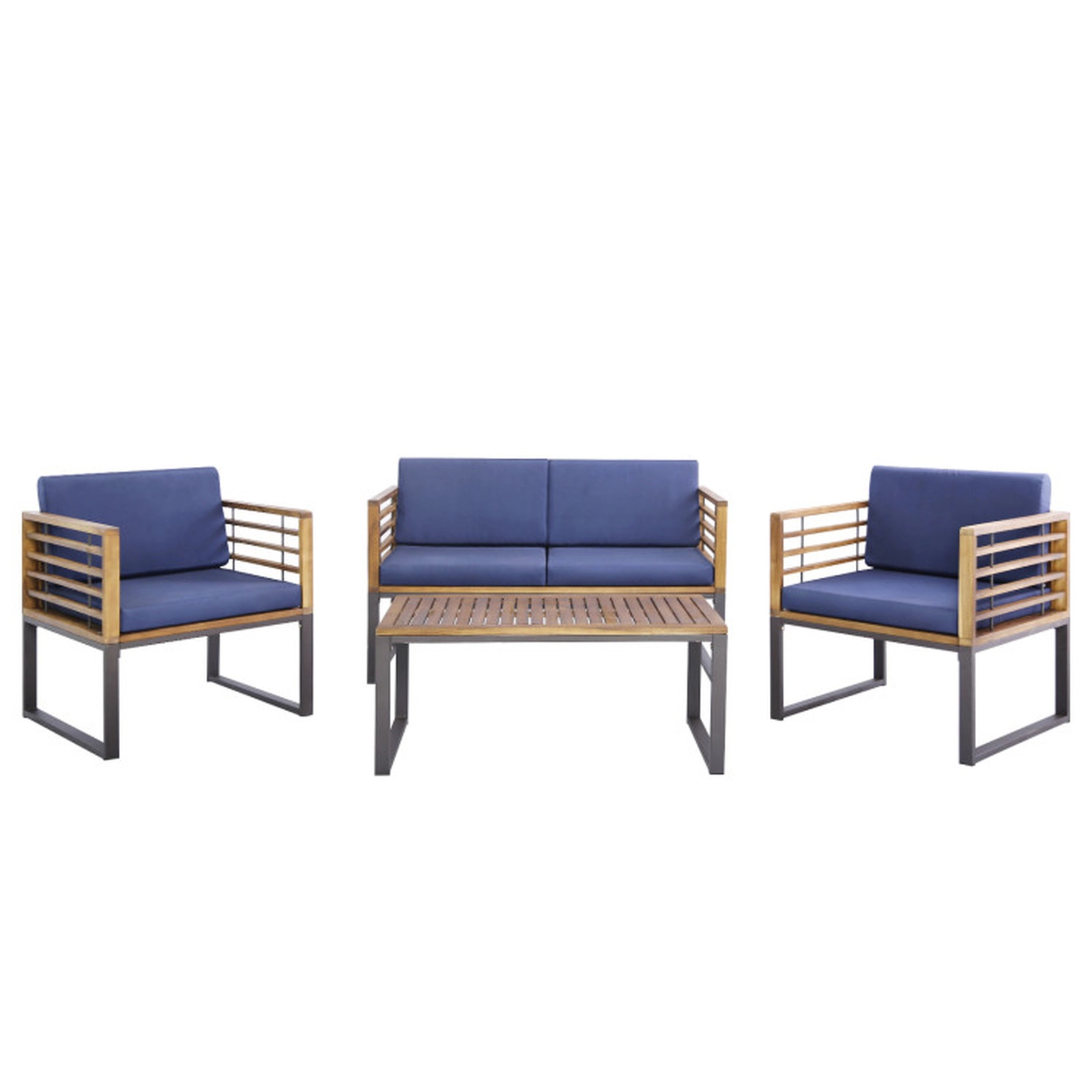 SUGIFT 4 Piece Patio Acacia Wood and Metal Conversation Set with Soft Cushions 400/800-lb Capacity Navy Blue