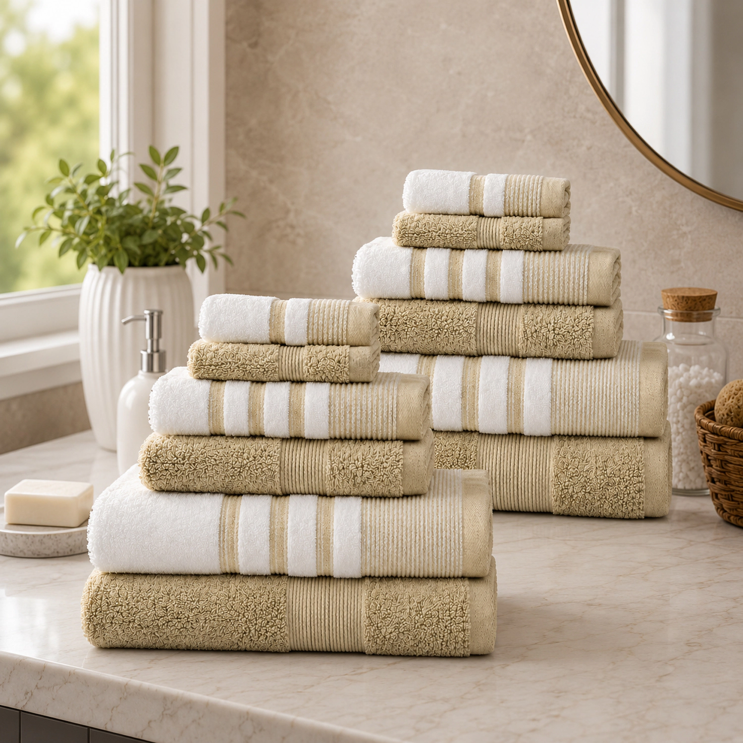 Plazatex Two Tone  Zero Twist 100% Cotton Soft & Absorbent 12 Piece Bathroom Towel SetTaupe