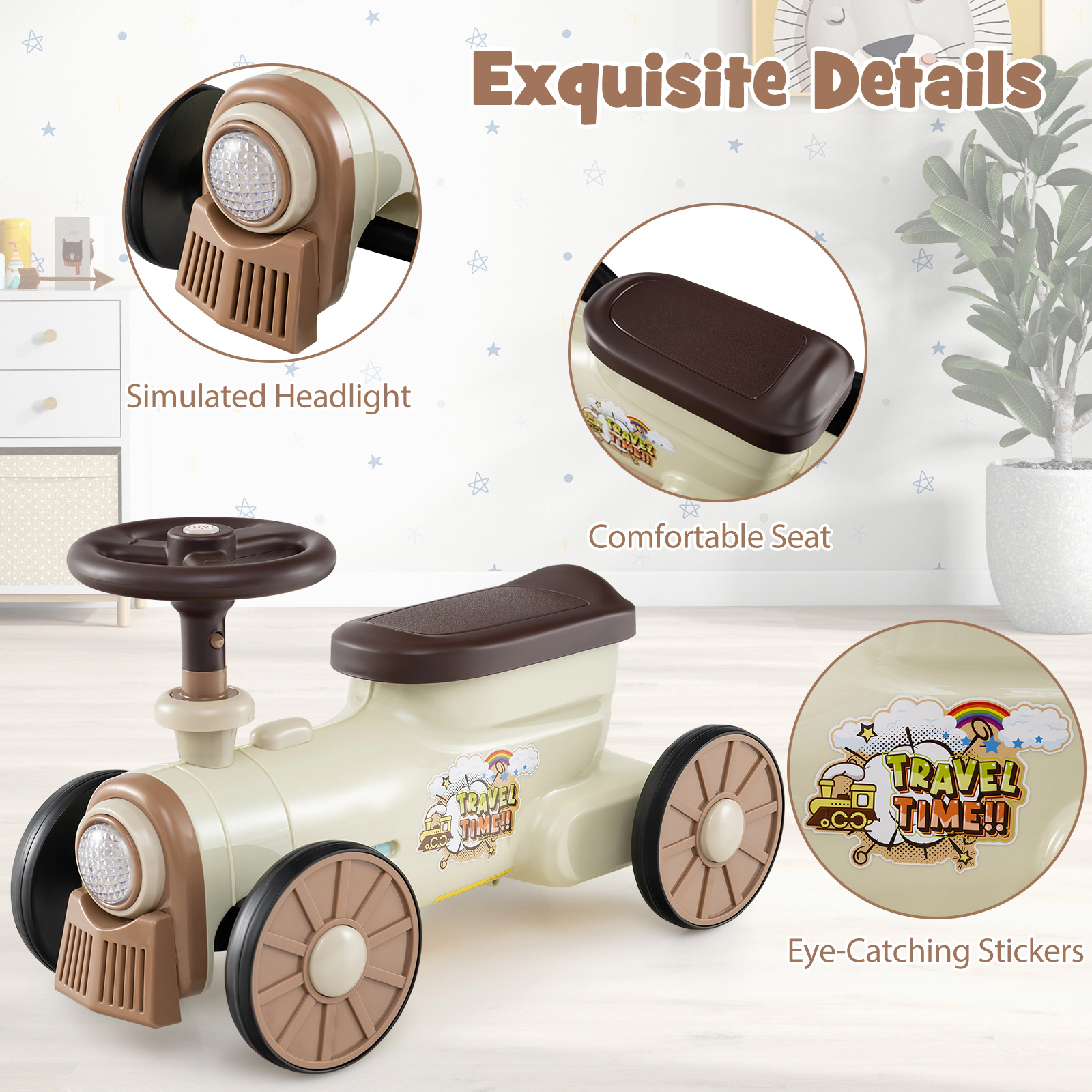 Toddler Push Car Sliding Ride On Toy Train Whistle Sound Button 35-Degree Ages 19-36 Months Beige