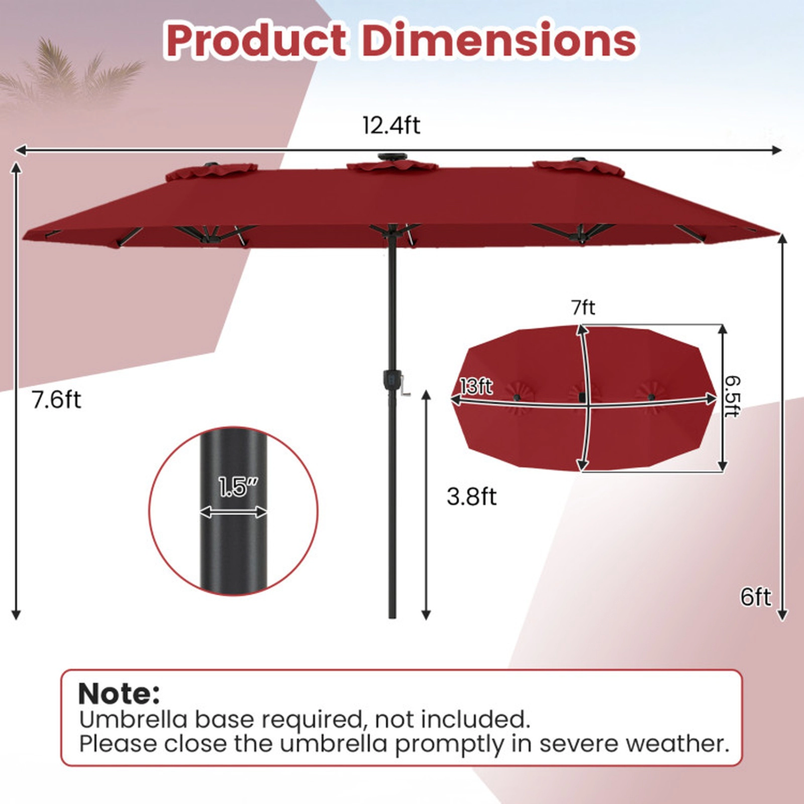 SUGIFT 13-ft Red Rectangular Solar Patio Umbrella with 108 LED Lights