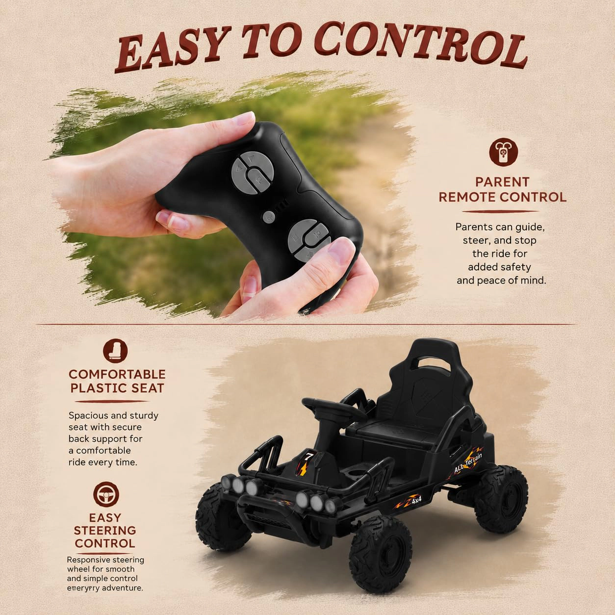 12V Kids Ride On Car with Dual Motors, Electric Vehicle Rechargeable Battery, Four Wheel Drive Toy