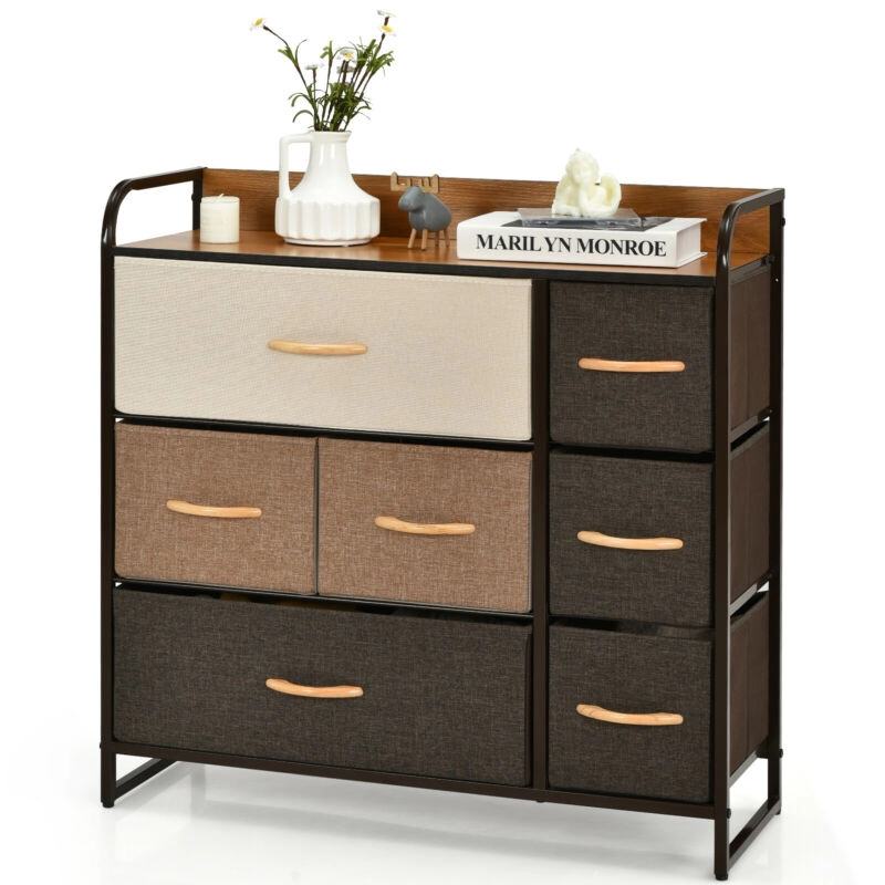 Glintex 7-Drawer Fabric Dresser with Steel Frame and Wood Top, Cream