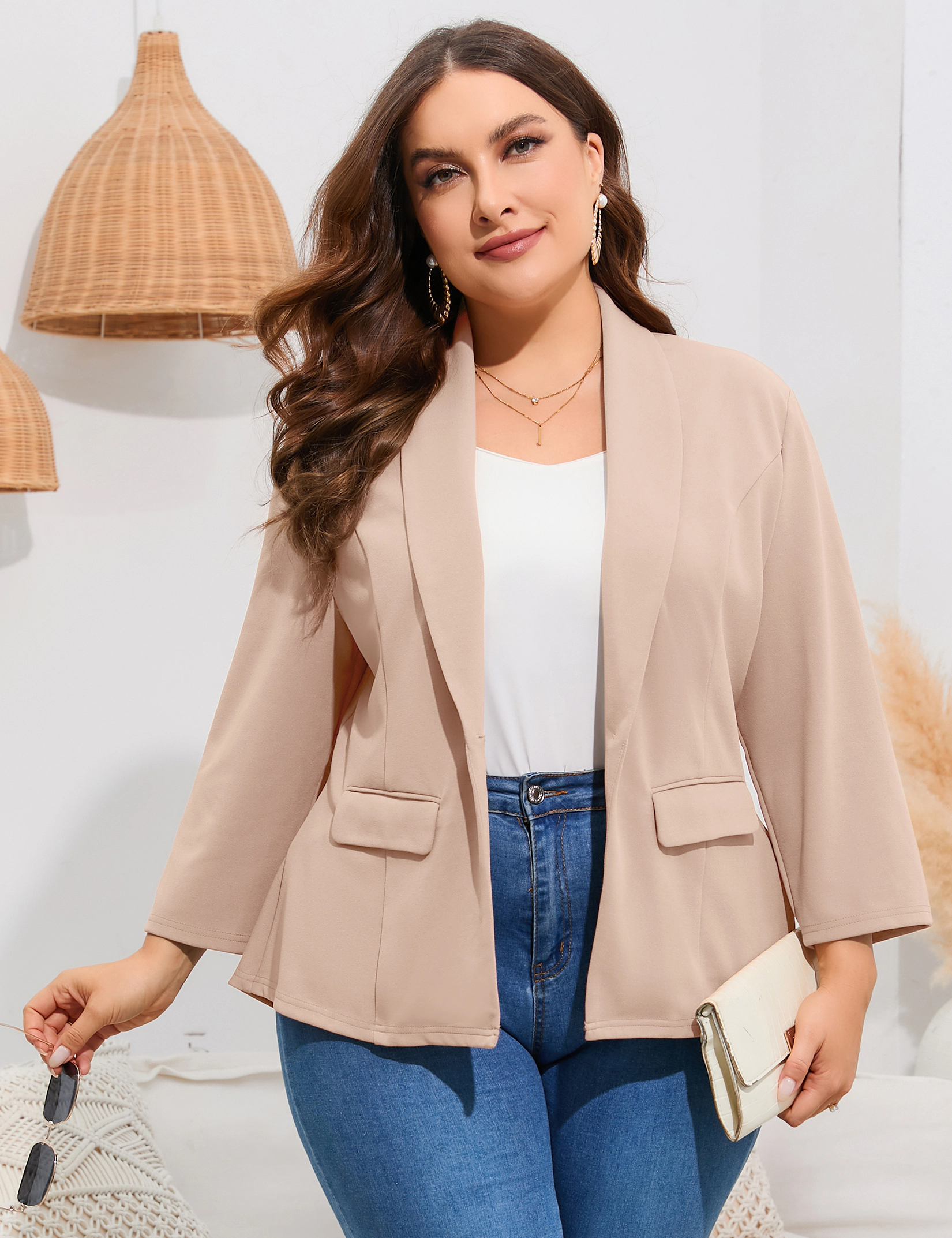 KOJOOIN Women's Plus Blazer Single Button 3/4 Sleeves Open Front Jacket Coat with Pockets