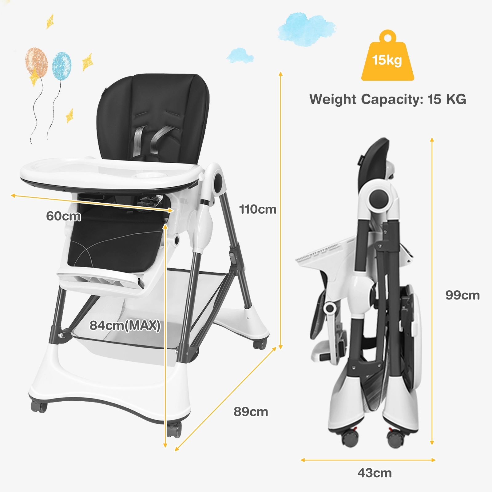 SUGIFT Gray 4 Lockable Wheels and 5-Point Harness A-Shaped Foldable Baby High Chair