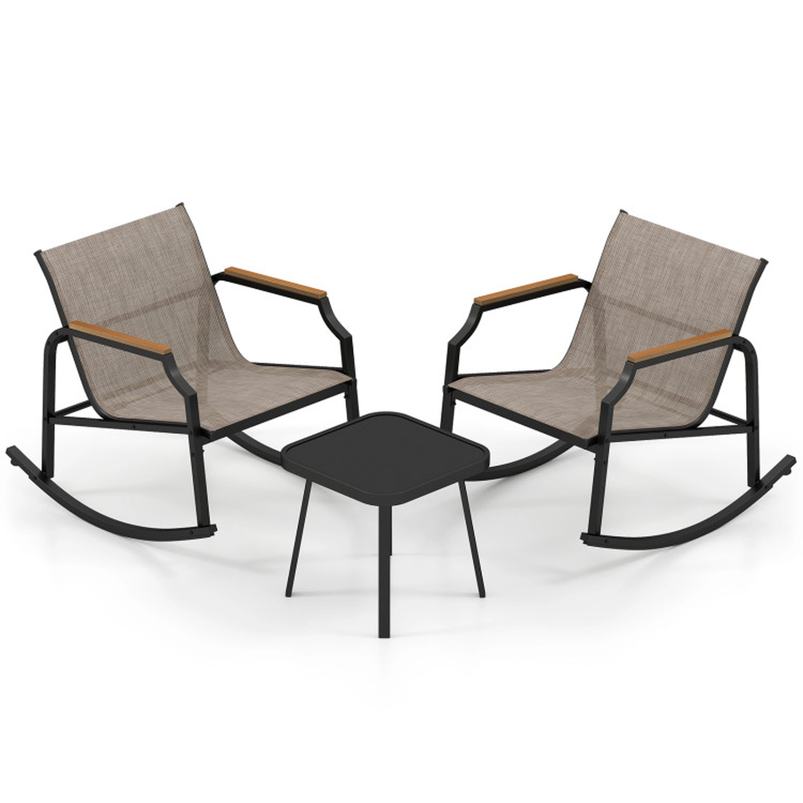 SUGIFT Patio Rocking Bistro Conversation Set with Tempered Glass Coffee Table 330-lb Rocking Chairs Black + Brown