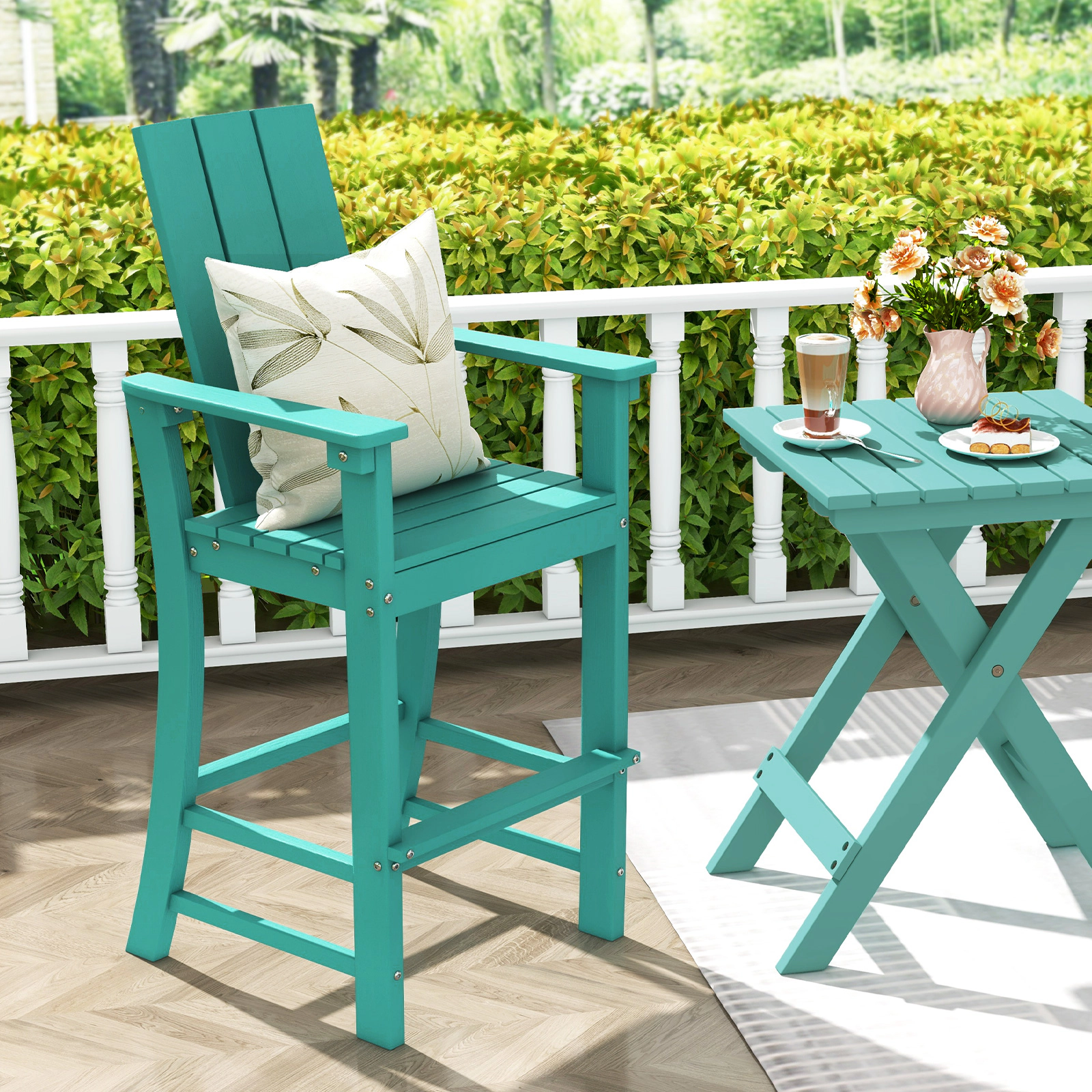 SUGIFT Turquoise HDPE Adirondack Outdoor Bar Stool, 30-in Seat, Footrest and Wide Armrests