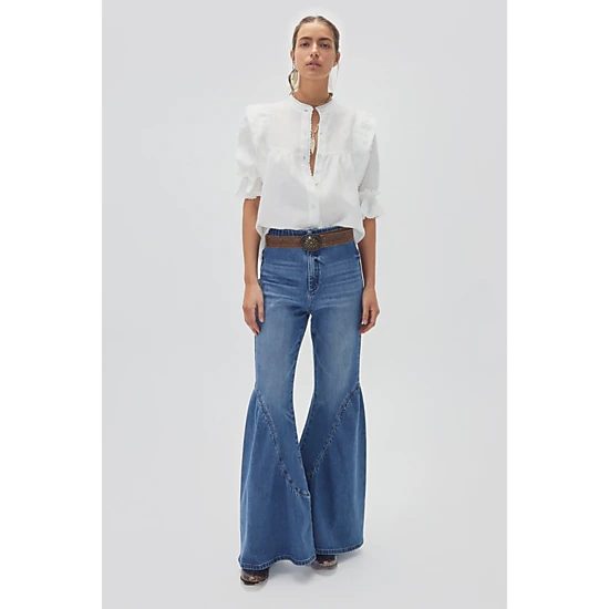 Lanhtropy Boho High-Waisted Wide Flare Denim Pants, Color: Washed