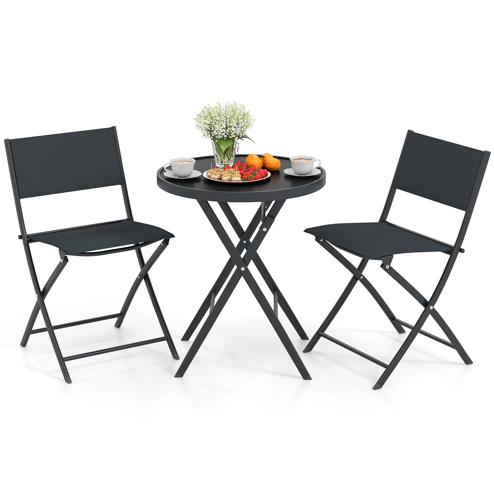LJG 3 Piece Outdoor Folding Patio Bistro Set with Tempered Glass Coffee Table and 2 Patio Chairs