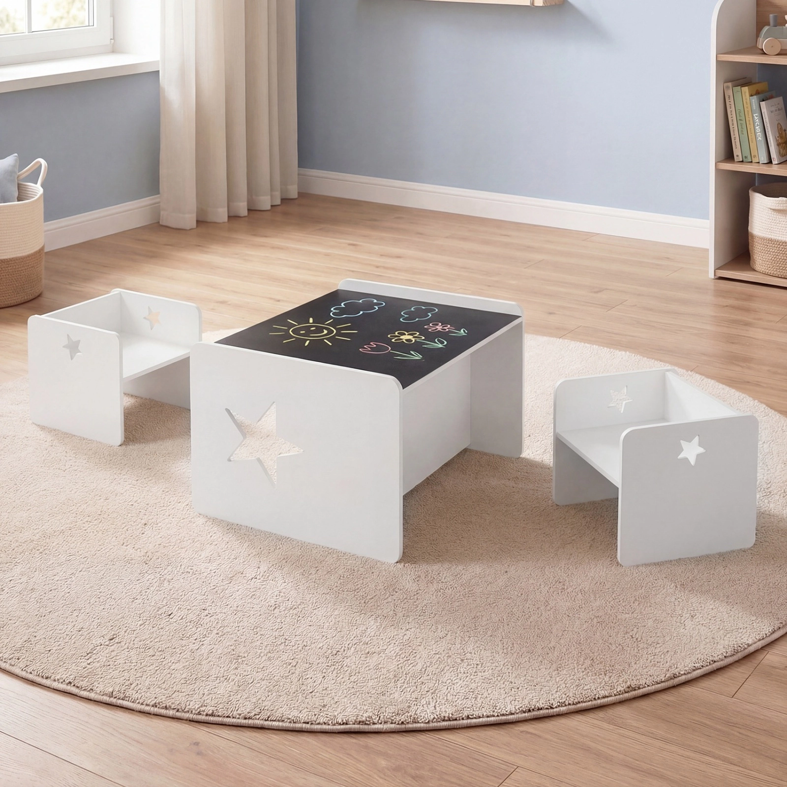 SUGIFT Space-Saving 3-Piece Kids Table and Chair Set with Chalkboard Top 66-lb Tabletop Capacity Ages 3+ White