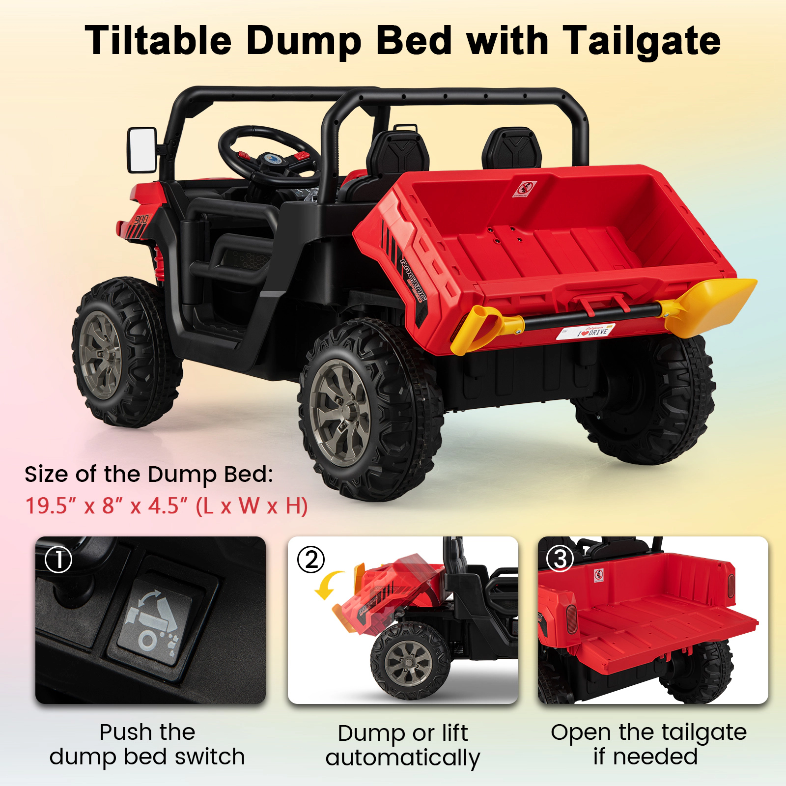 SUGIFT Red Electric Dump Bed Shovel and Remote Control 24V Kids Ride On Truck
