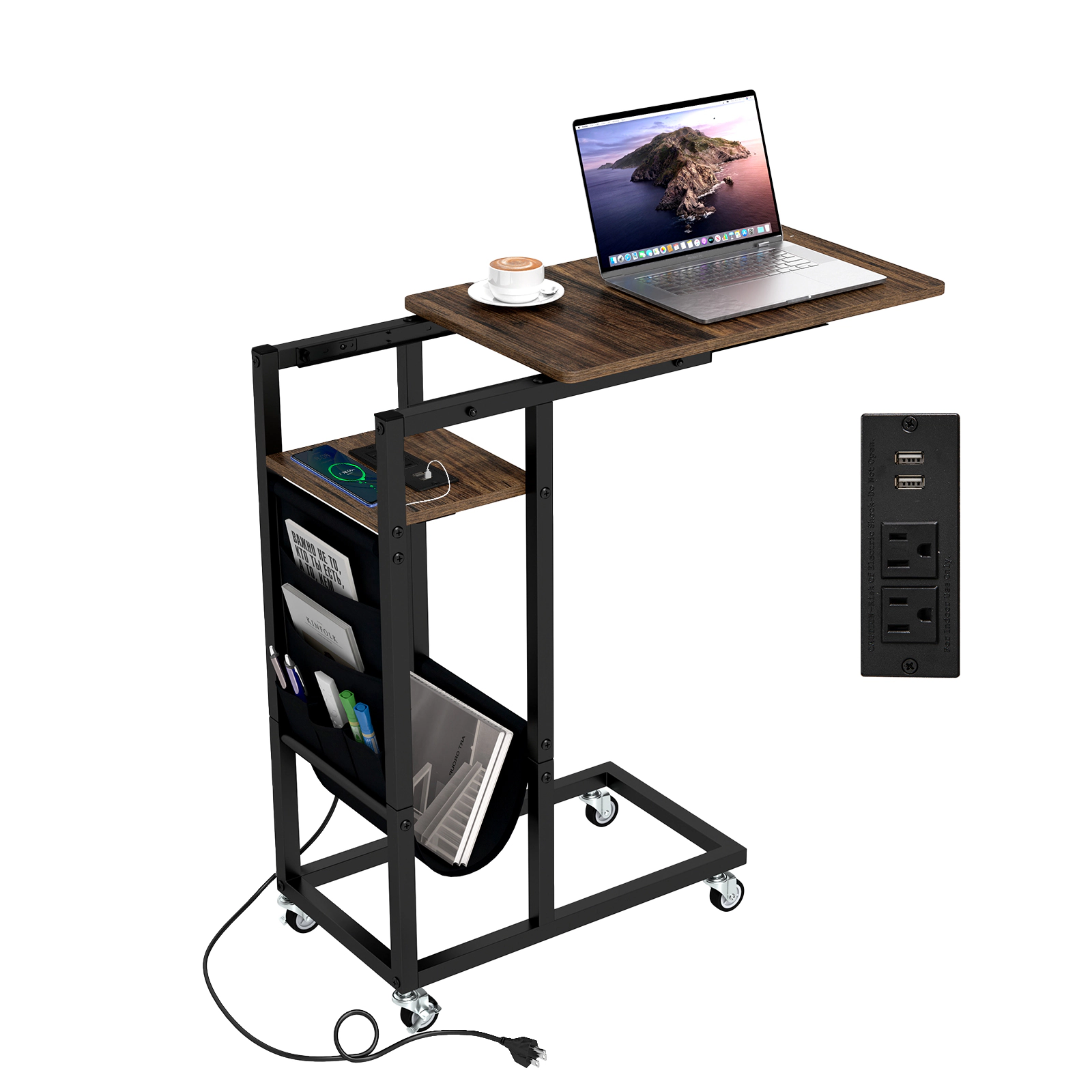 SUGIFT C-Shaped End Table Coffee with Charging Station Retractable Top and Wheels