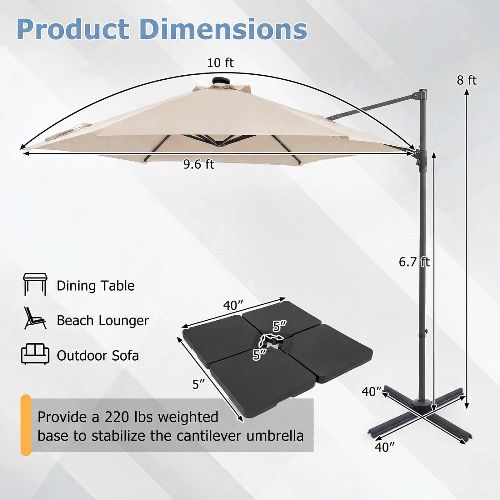 SUGIFT 10-ft 360° Swivel Cantilever Patio Umbrella with Solar LED Lights and Manual Lift Beige