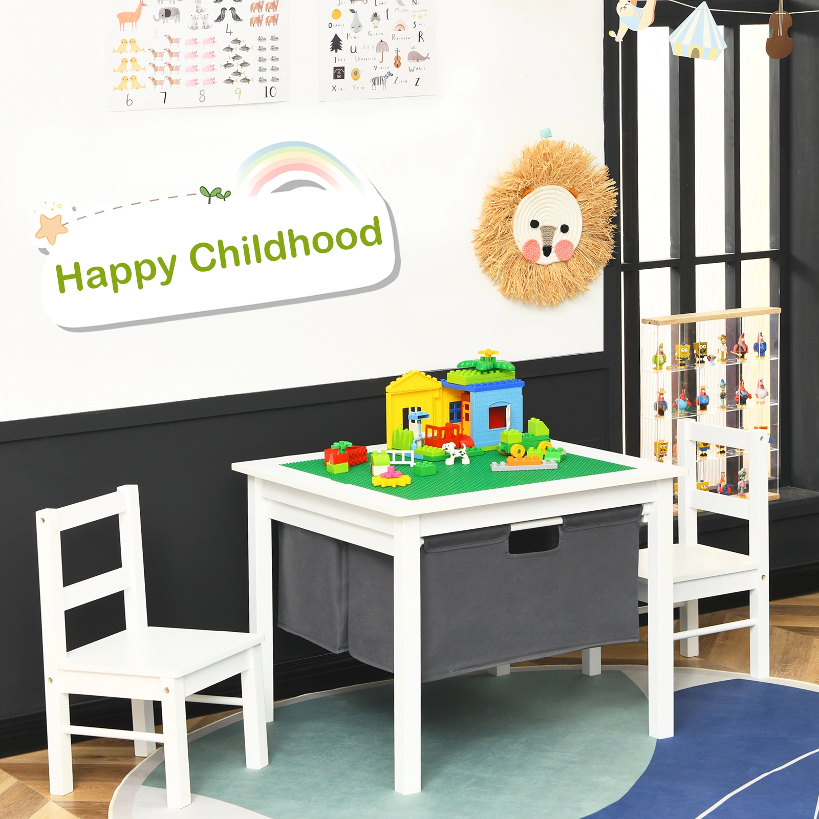 SUGIFT 2-in-1 Kids Activity Table and 2 Chairs, Reversible Top, Brick Baseplate, Storage Drawers, White
