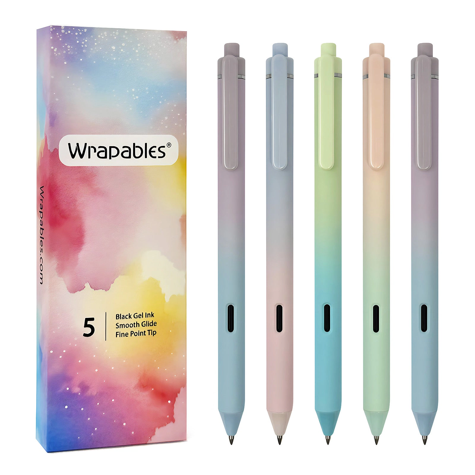 Wrapables Whisper Fusion Silent Retractable Gel Pens, 0.5mm Fine Point Black Ink, Set of 5