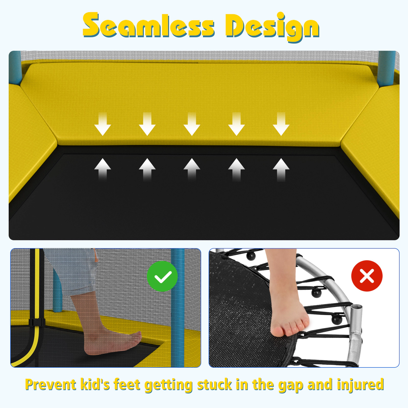 7-ft Kids Trampoline Outside-Mounted Enclosure Net 36 Springs 150-lb Limit Ages 3+ Yellow Recreational Jumper