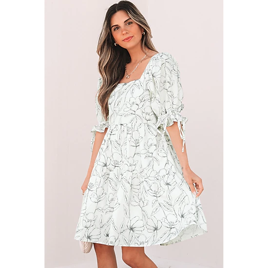 Threaded Pear Women's Ariya Floral Shirred Back Puff Sleeve Dress