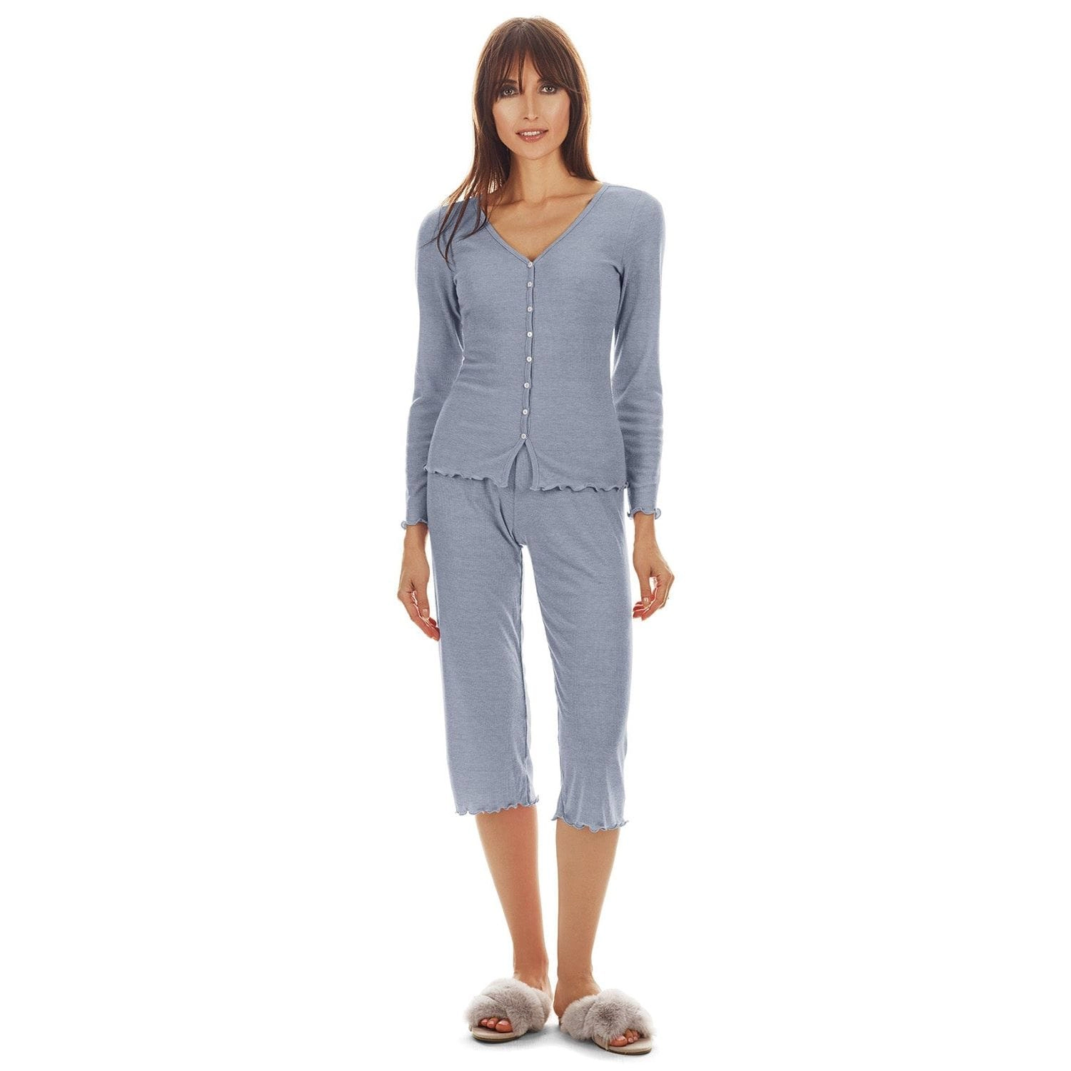 MeMoi Women's Ruffled Lettuce Edge Rib Long Sleeve and Capri Set