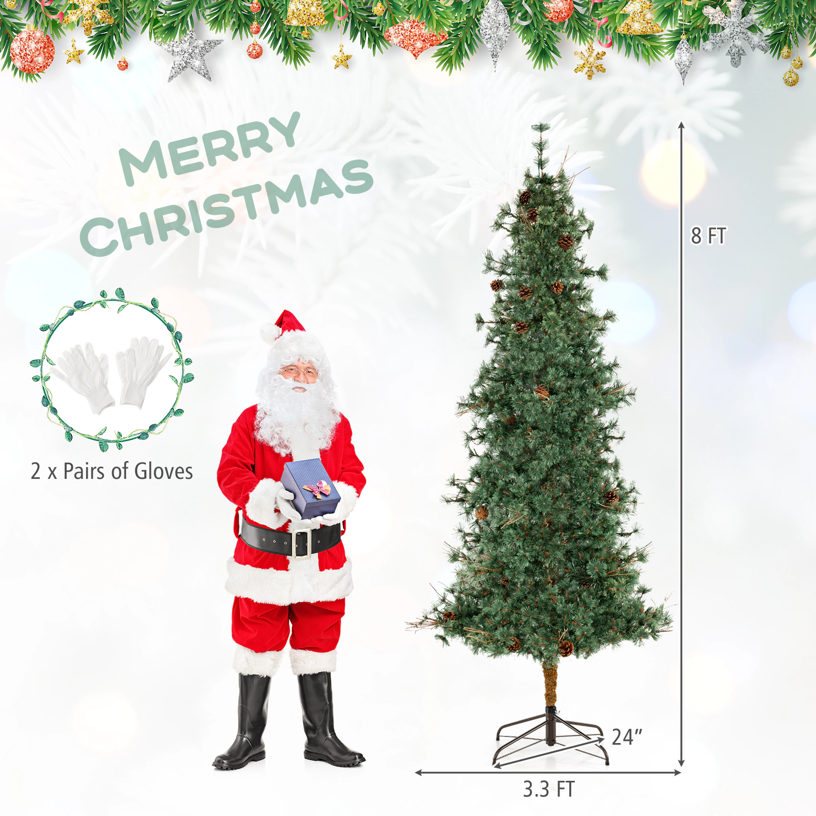 SUGIFT 8-ft Green Pre-Lit Artificial Spruce Christmas Tree with Cashmere Needles 36 Pine Cones and 400 LEDs