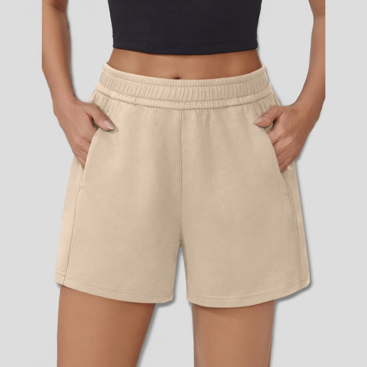 Pinspark Womens Solid High Waist Jogger Shorts Elastic Pockets Lounge