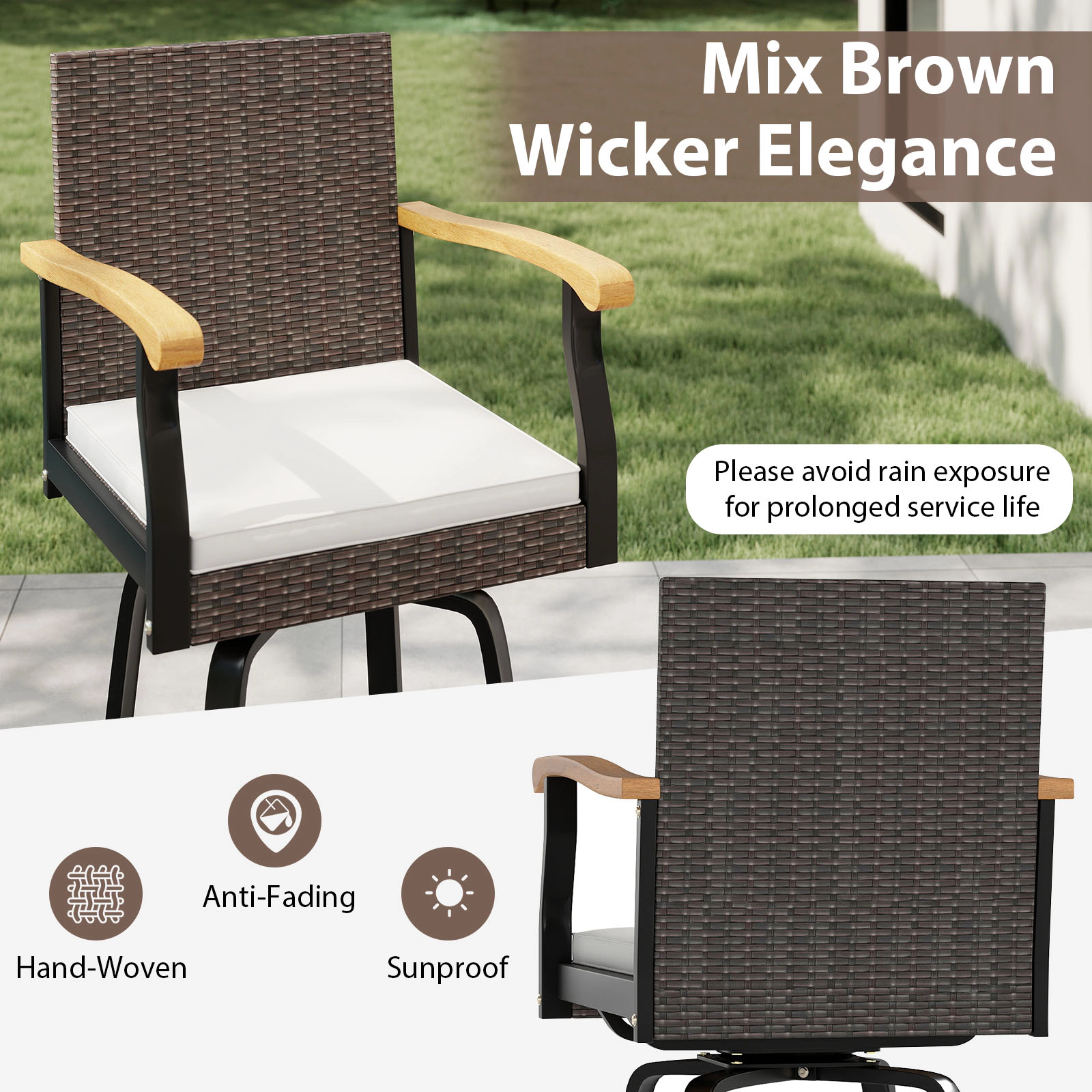 LJG One Outdoor 360° Swivel Bar Stool with Cushion and Acacia Wood Armrests
