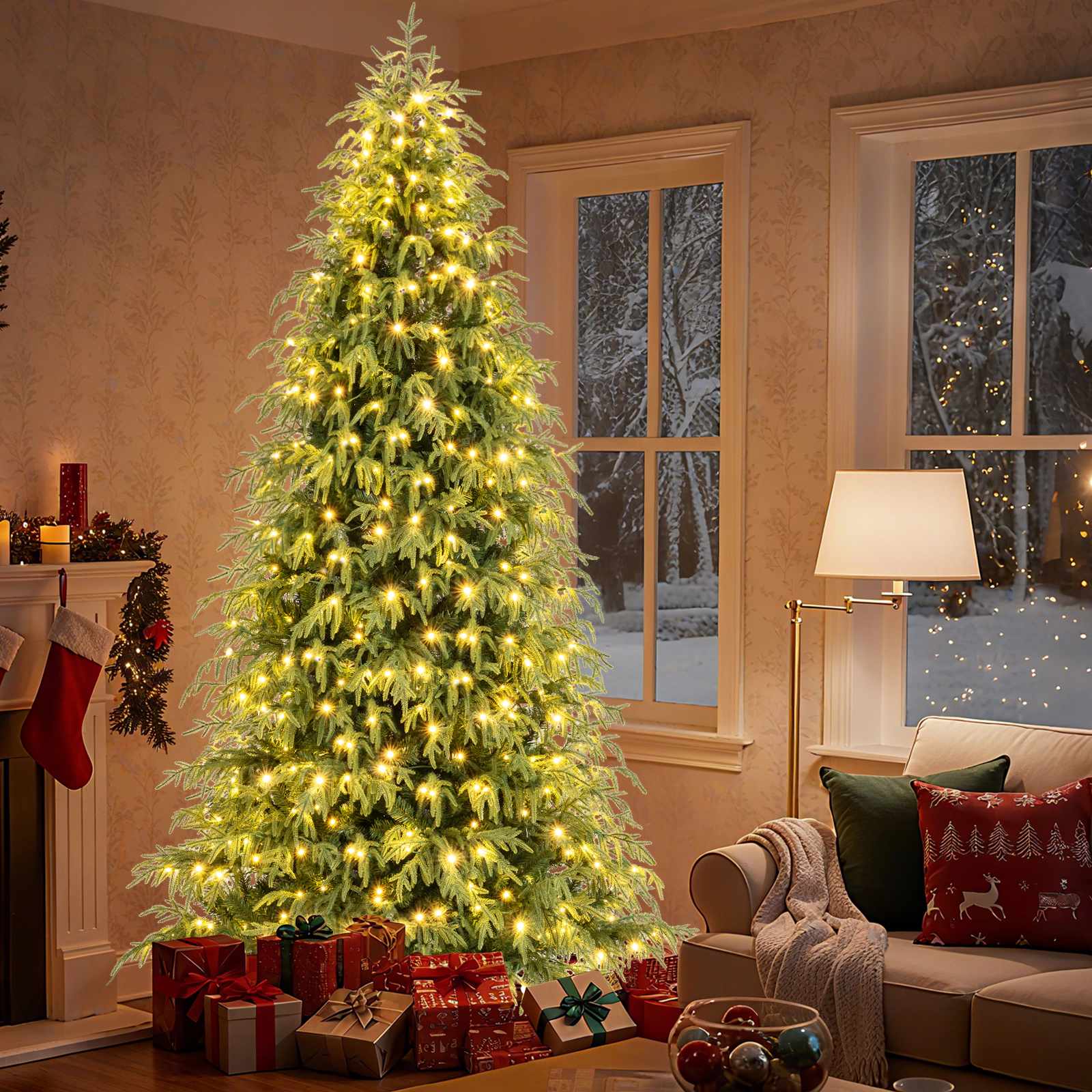 Costway 7/7.5/8 FT Artificial Christmas Tree with 1217/1449/1470 Branch Tips, 400/470/500 Warm LED Lights