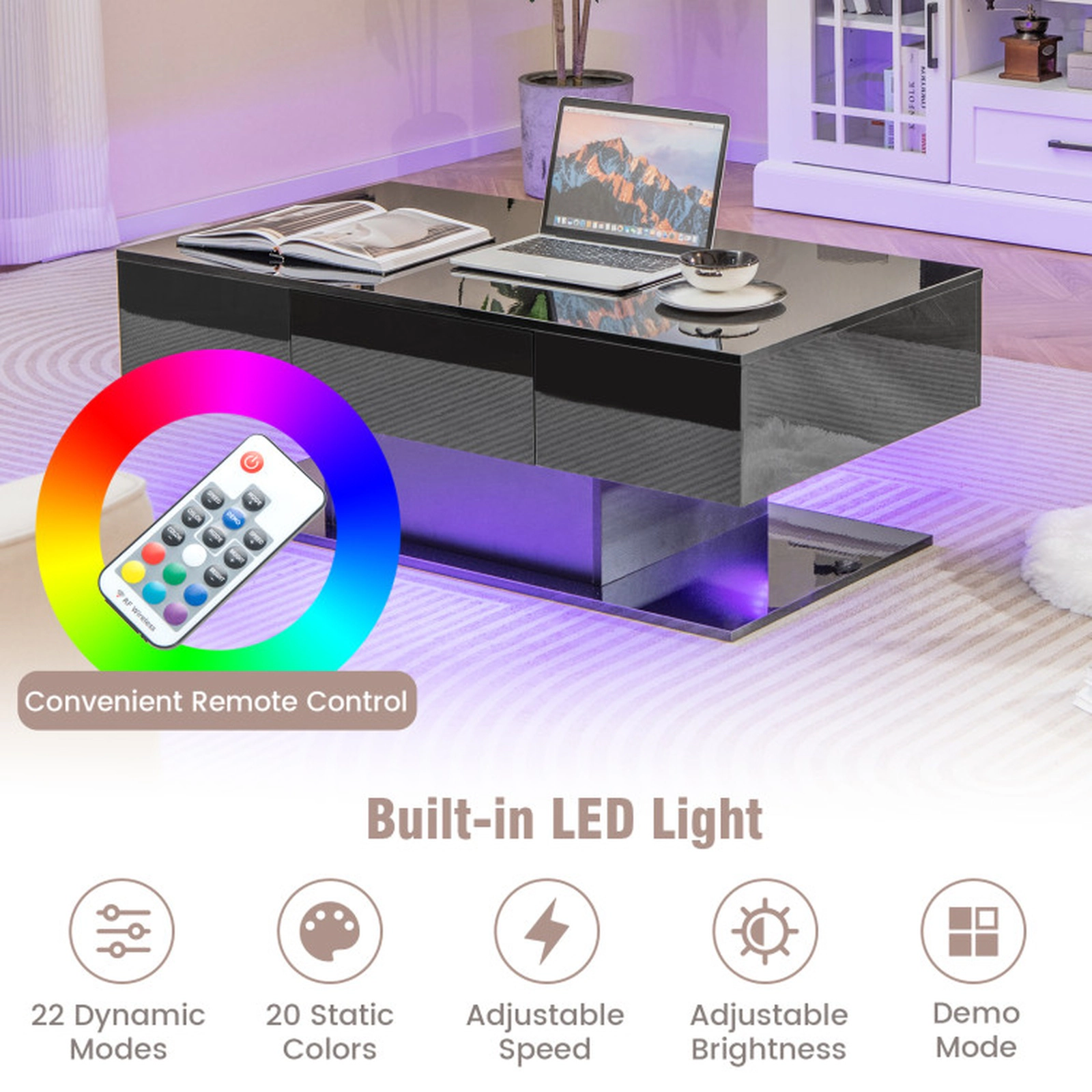 SUGIFT 43.5-in 110-lb Capacity 20-Color LED High-Gloss Coffee Table with 2 Push-to-Open Drawers