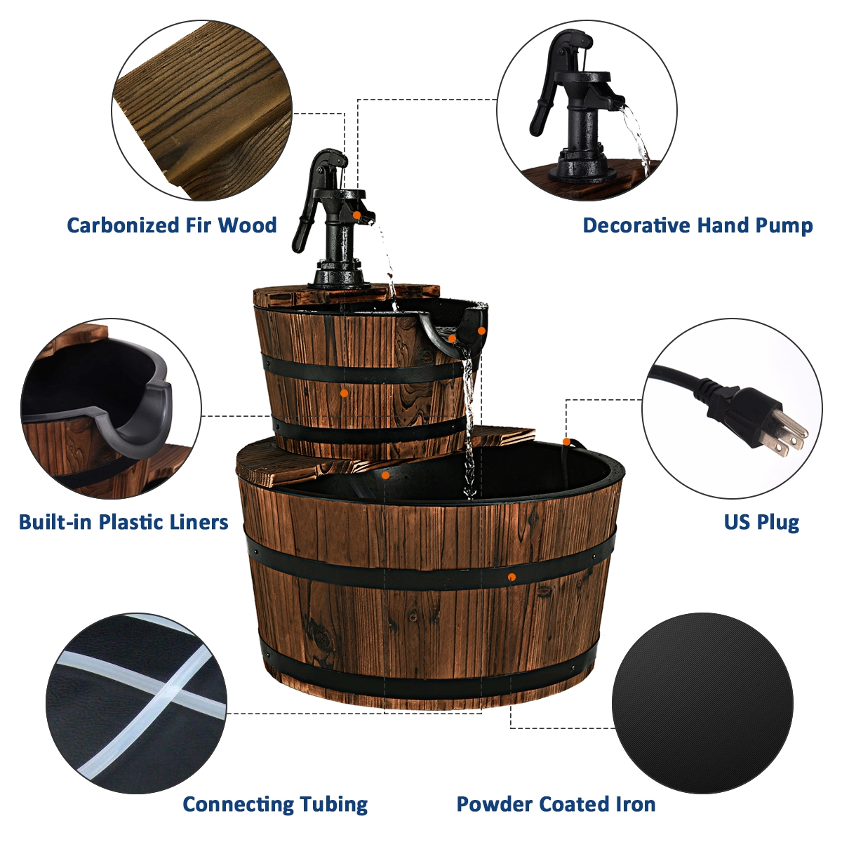 SUGIFT 2-Tiers Outdoor Wooden Barrel Waterfall Fountain with Pump 3-Gallon Capacity Brown