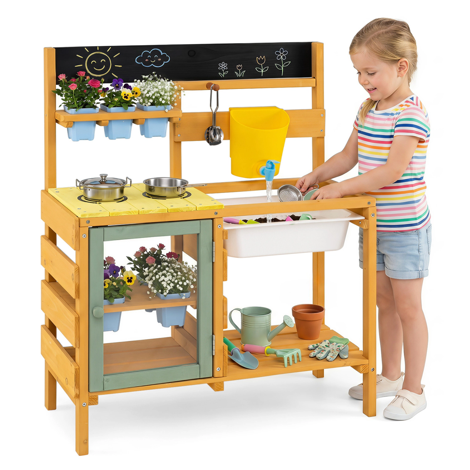 LJG Wooden Mud Kitchen for Toddlers with Faucet and Water Tank
