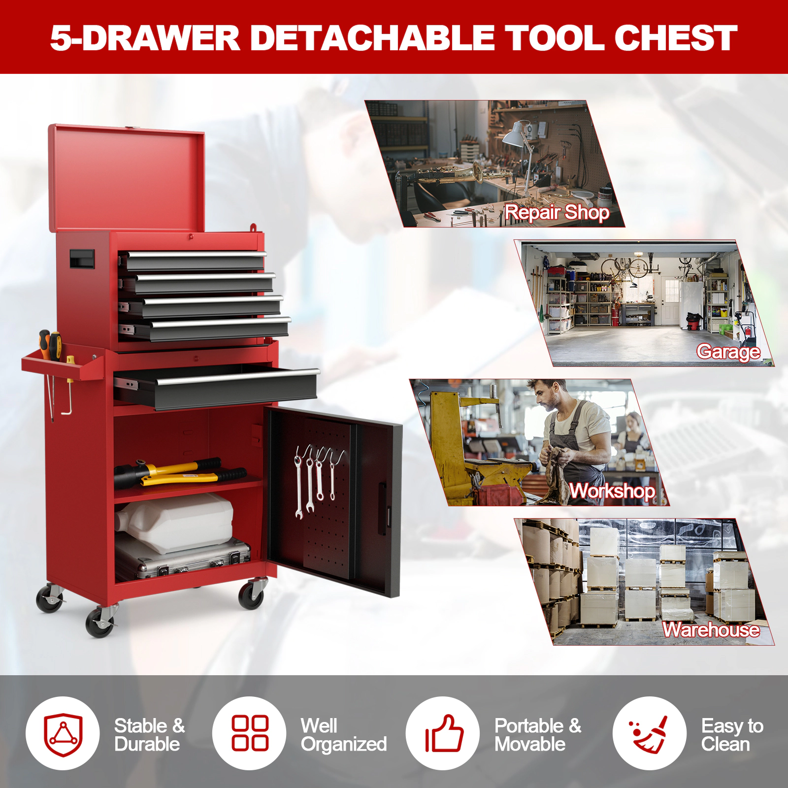 SUGIFT 2-in-1 Steel Tool Chest and Cabinet with 5 Sliding Drawers 220.5-lb Capacity Black & Red