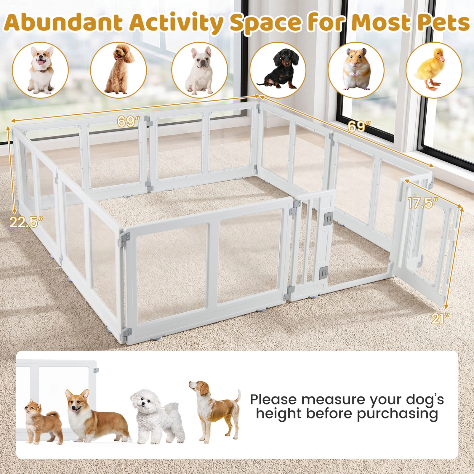 SUGIFT Clear Plastic 8-Panel Dog Playpen Pet Gate with Secure Locking Door 22.5-in Tall Multiple Layouts White