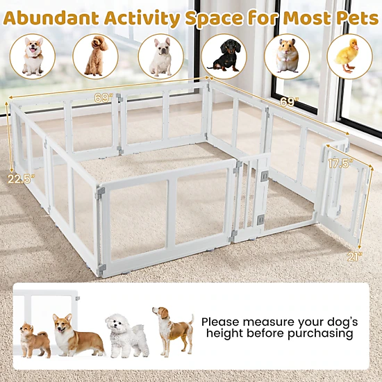 SUGIFT Clear Plastic 8-Panel Dog Playpen Pet Gate with Secure Locking Door 22.5-in Tall Multiple Layouts White