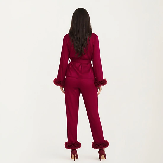 Anna-Kaci Women's 2-Piece Satin Wrap Long Sleeve Feather Trim Top and Straight Leg Pants