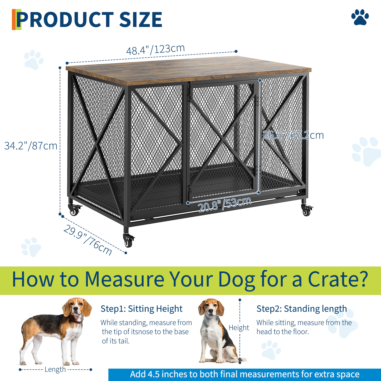 48" Large Dog Crate Furniture with Flip-up Top & Lockable Wheels, Decorative Pet Cage End Table for Medium Dogs