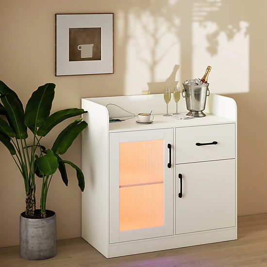 LJG LED Buffet Sideboard with Charging Station with Drawer and Translucent Fluted Door